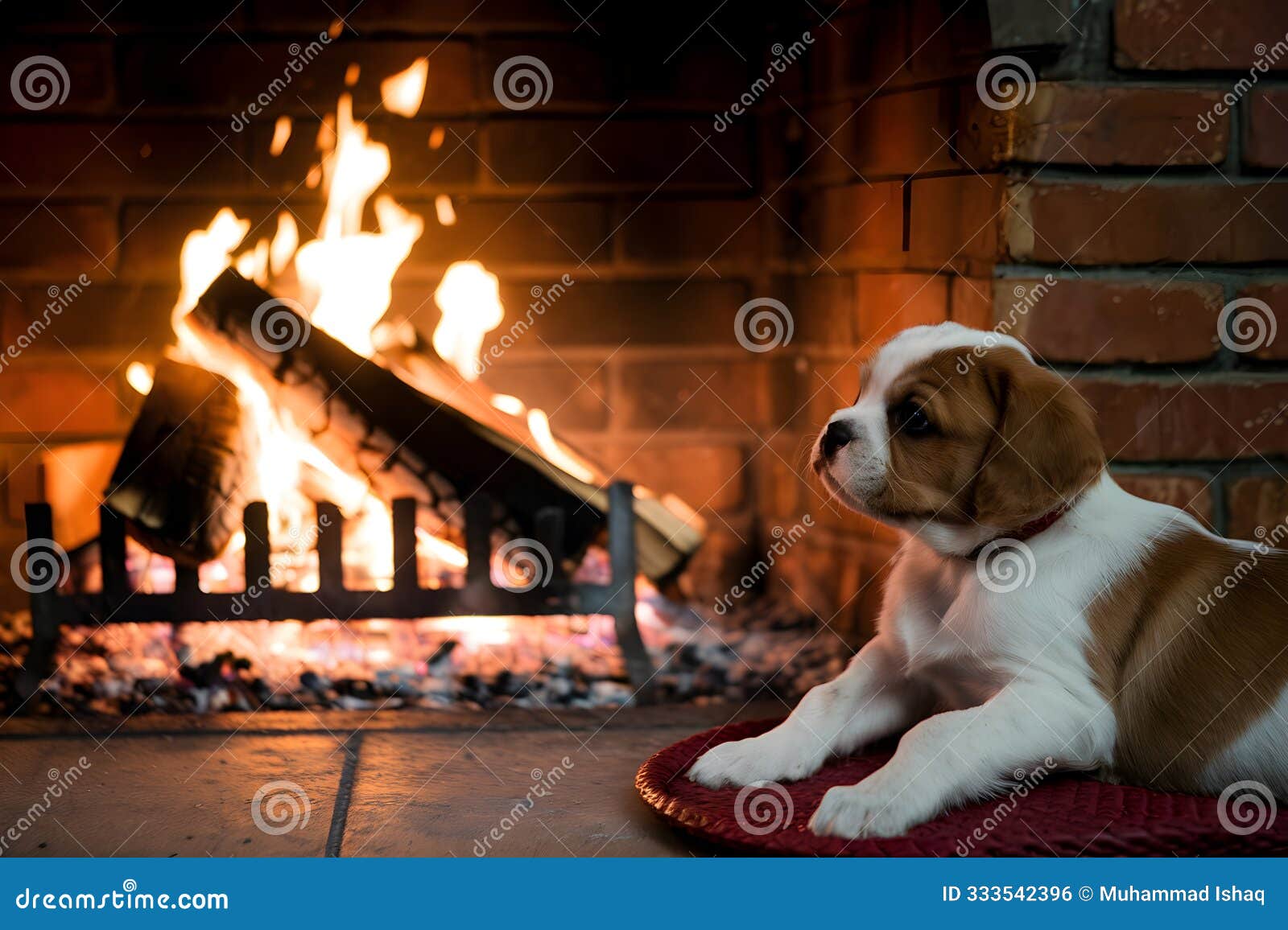 cavalier puppy resting by a crackling fire, enjoying warmth