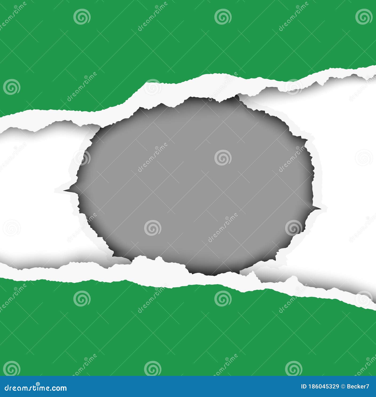 snatched middle of green sheet of paper with torn edges and soft shadow. round hole in second white layer with gray background.