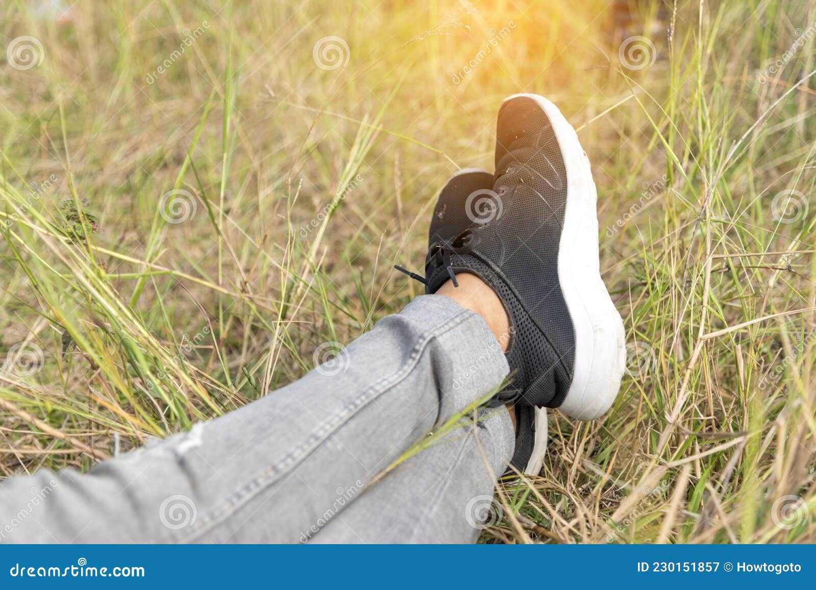 Sneaker Shoes Young Woman Traveler Sit Down on Summer Park. Focus on ...