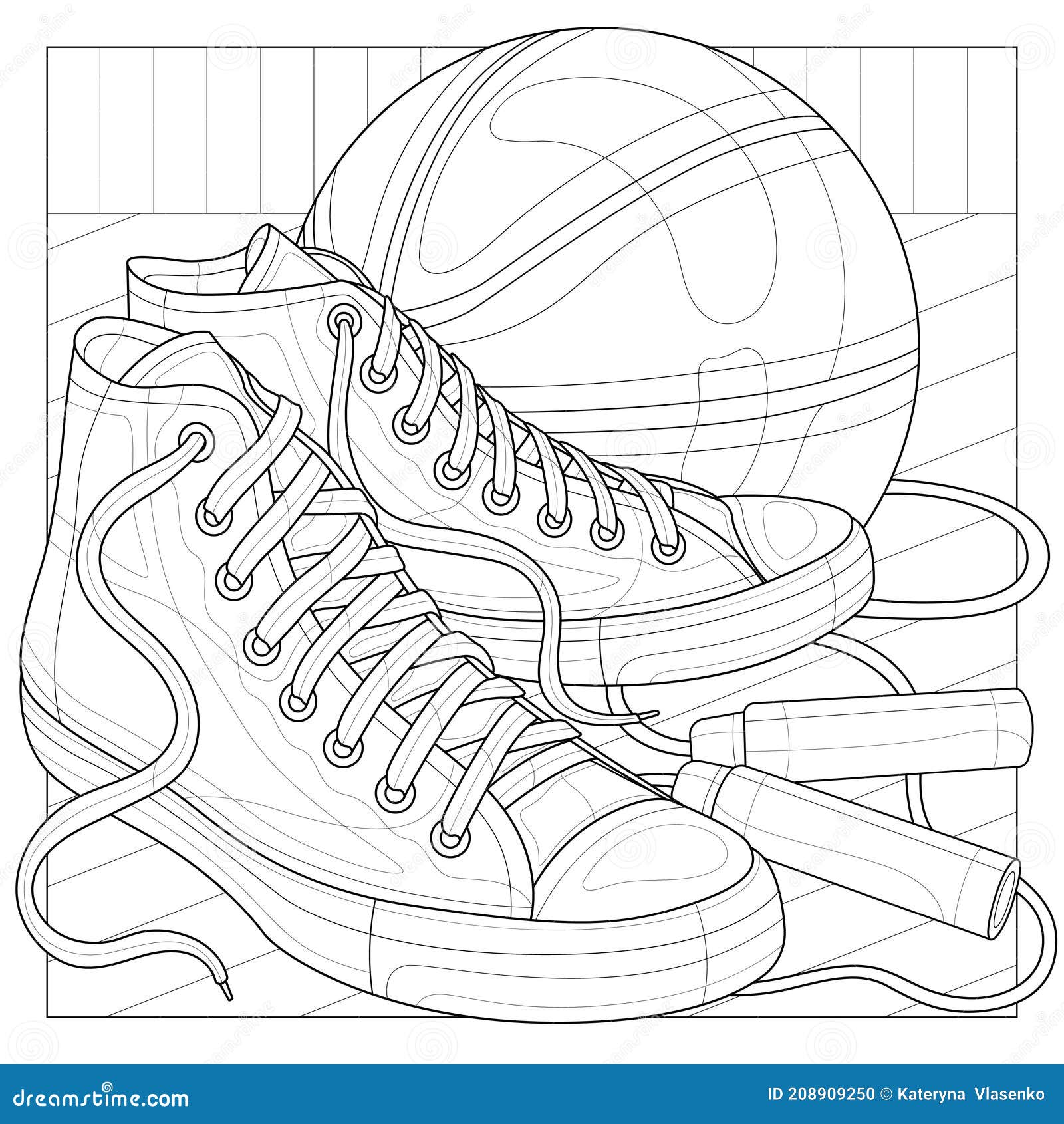sneakers with a basketball and a jump rope.coloring book antistress for children and adults
