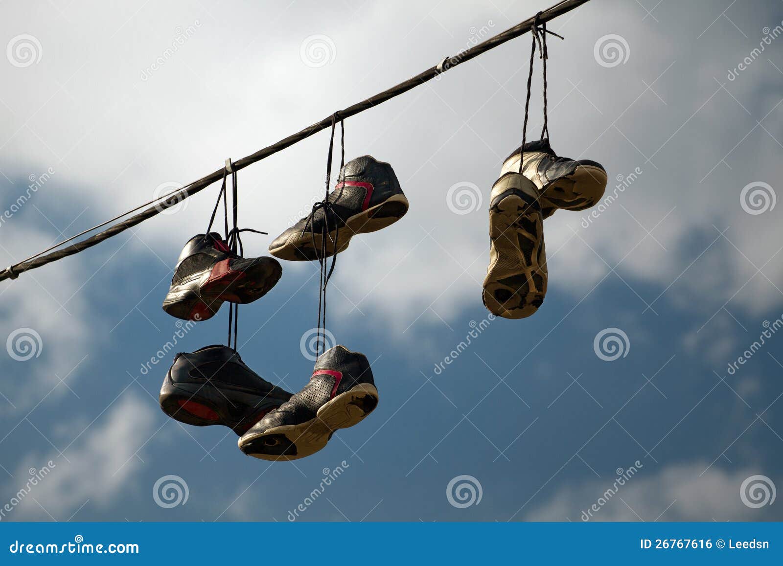 Sneakers Hanging on a Telephone Line Stock Photo Image of electricity