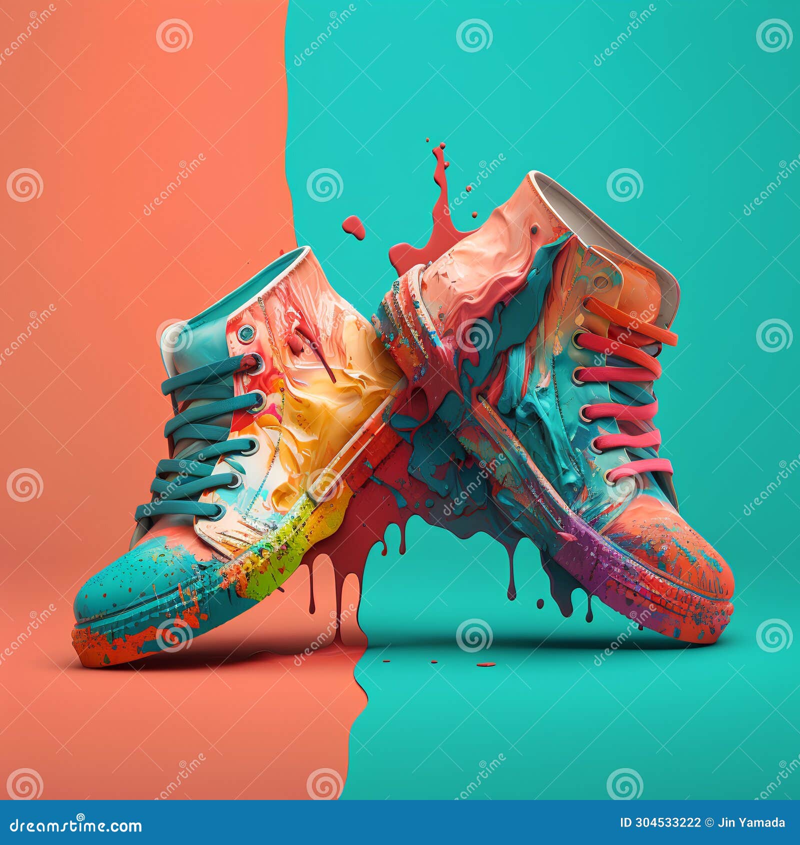 Sneakers with Paint Splashes on Colorful Background. 3d Rendering Stock