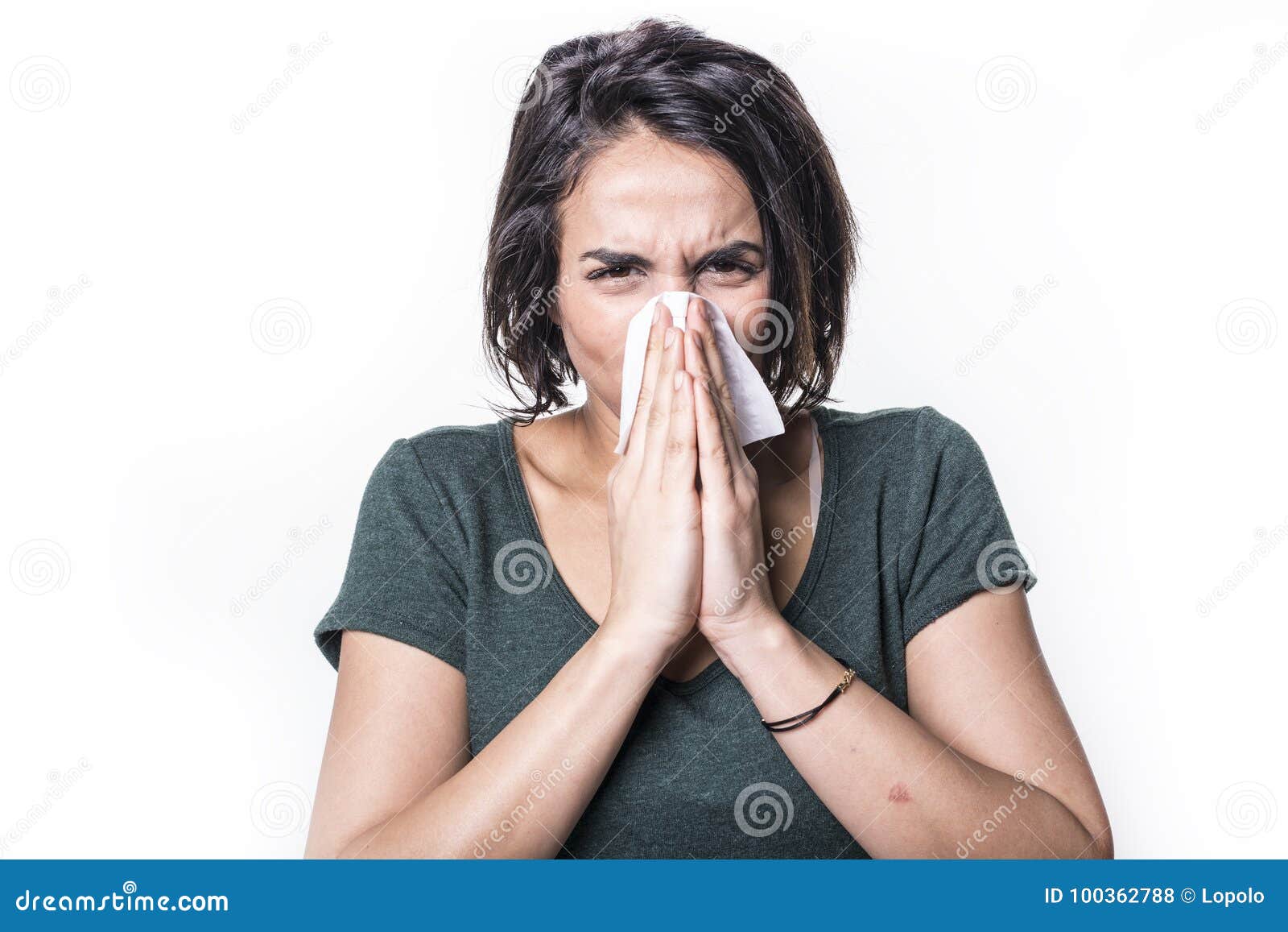 sneeze girl having flu on white studo background