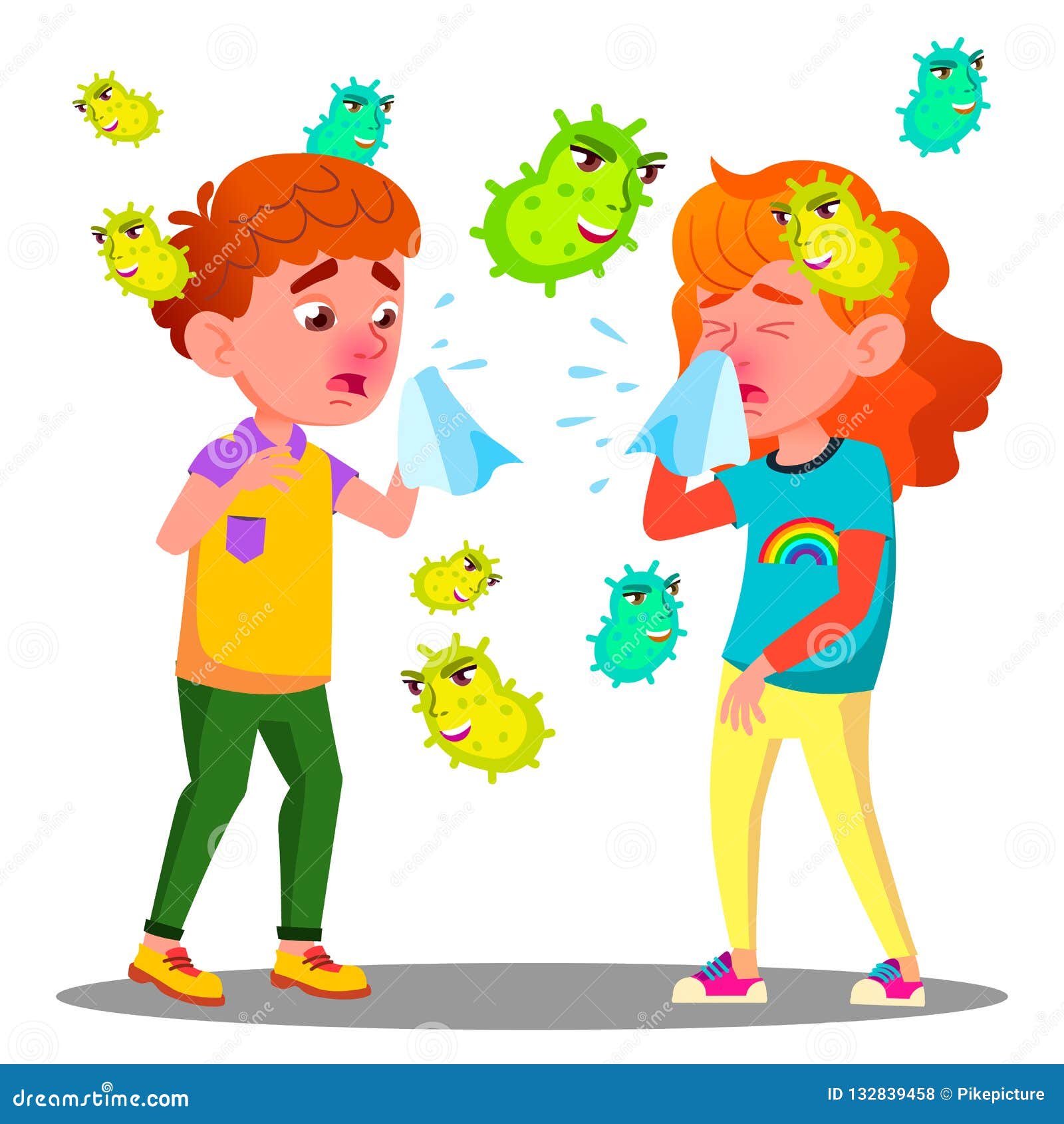 Sneezing Boy and Girl Surrounded by Flying Bacteria Vector. Isolated Cartoon  Illustration Stock Vector - Illustration of influenza, fever: 132839458
