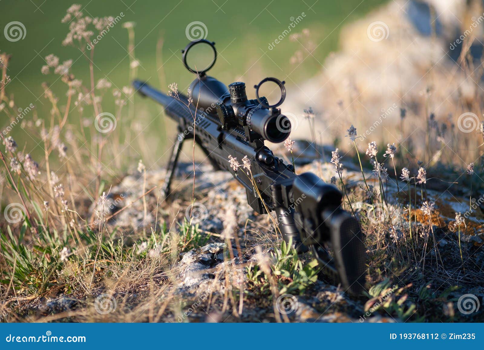 sniper rifle with bipod on combat position