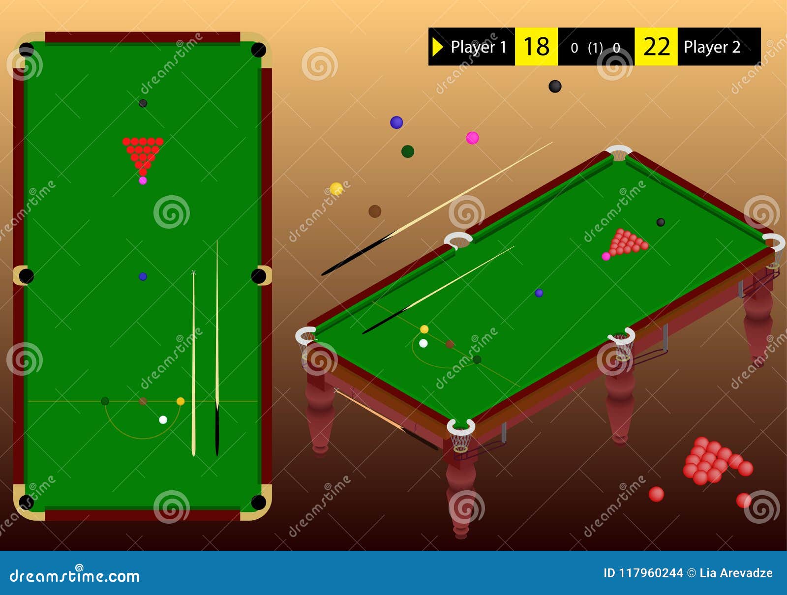 Snooker Isometric Playground Green Table, Ball, Cue Stick, and Scoreboard