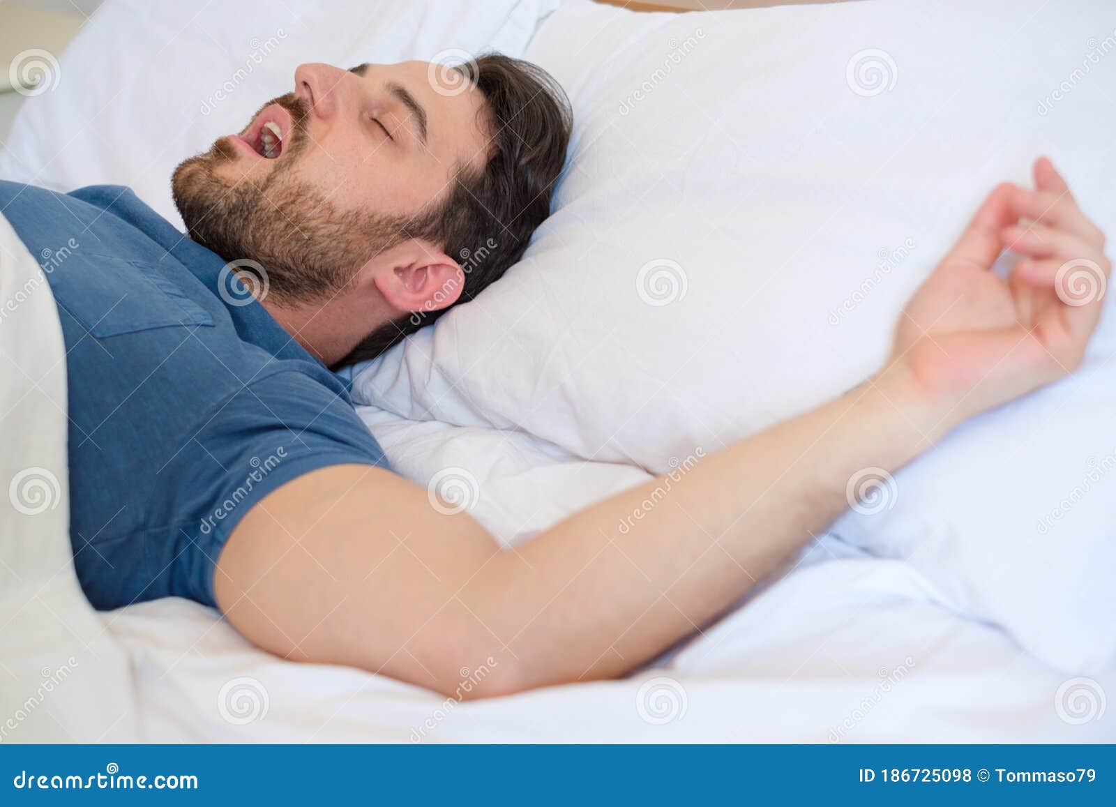 Tired Man Sleeping and Snoring Loudly in the Bed Stock Photo Image of