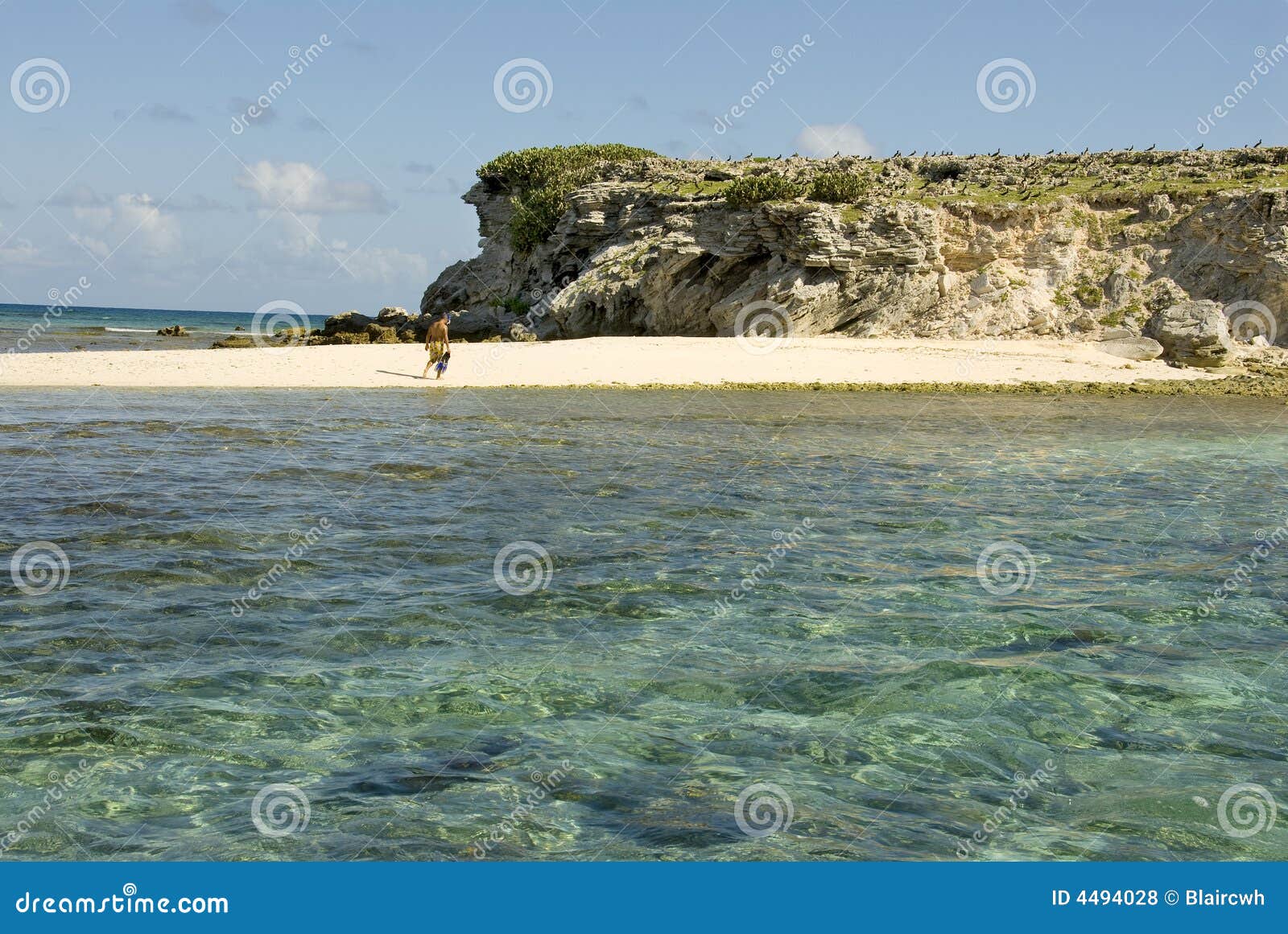 Snorkeler op strand. Een snorkeler aan wal op een verlaten eiland.
