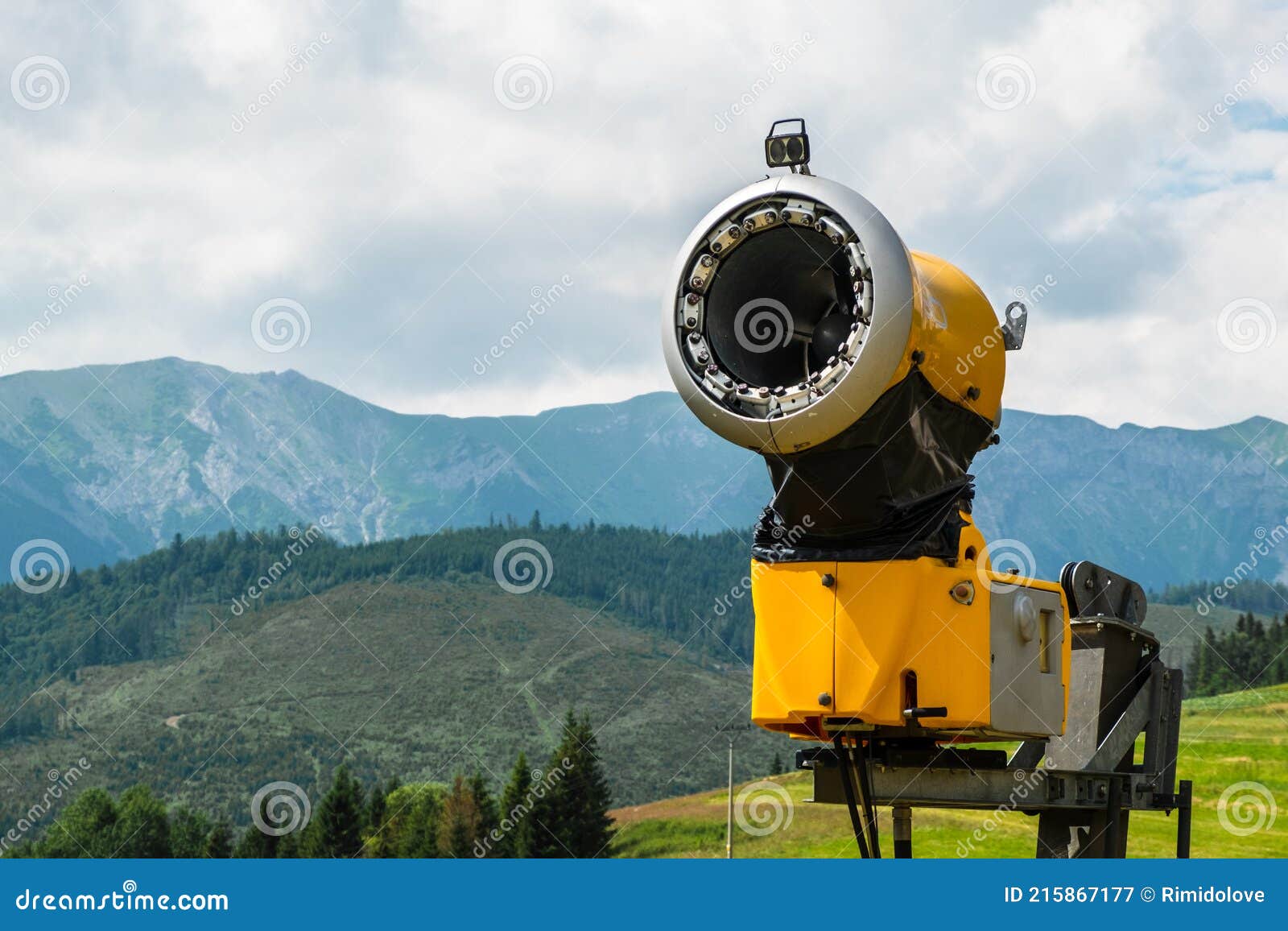 Snow Cannon in Mountains. Snow Gun for Making Artificial Snow. Stock