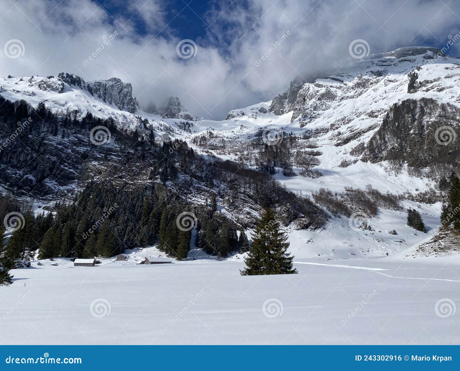 snow-capped alpine peak stoss or stooss, 2112 m in alpstein mountain range and in appenzell alps massif, unterwasser