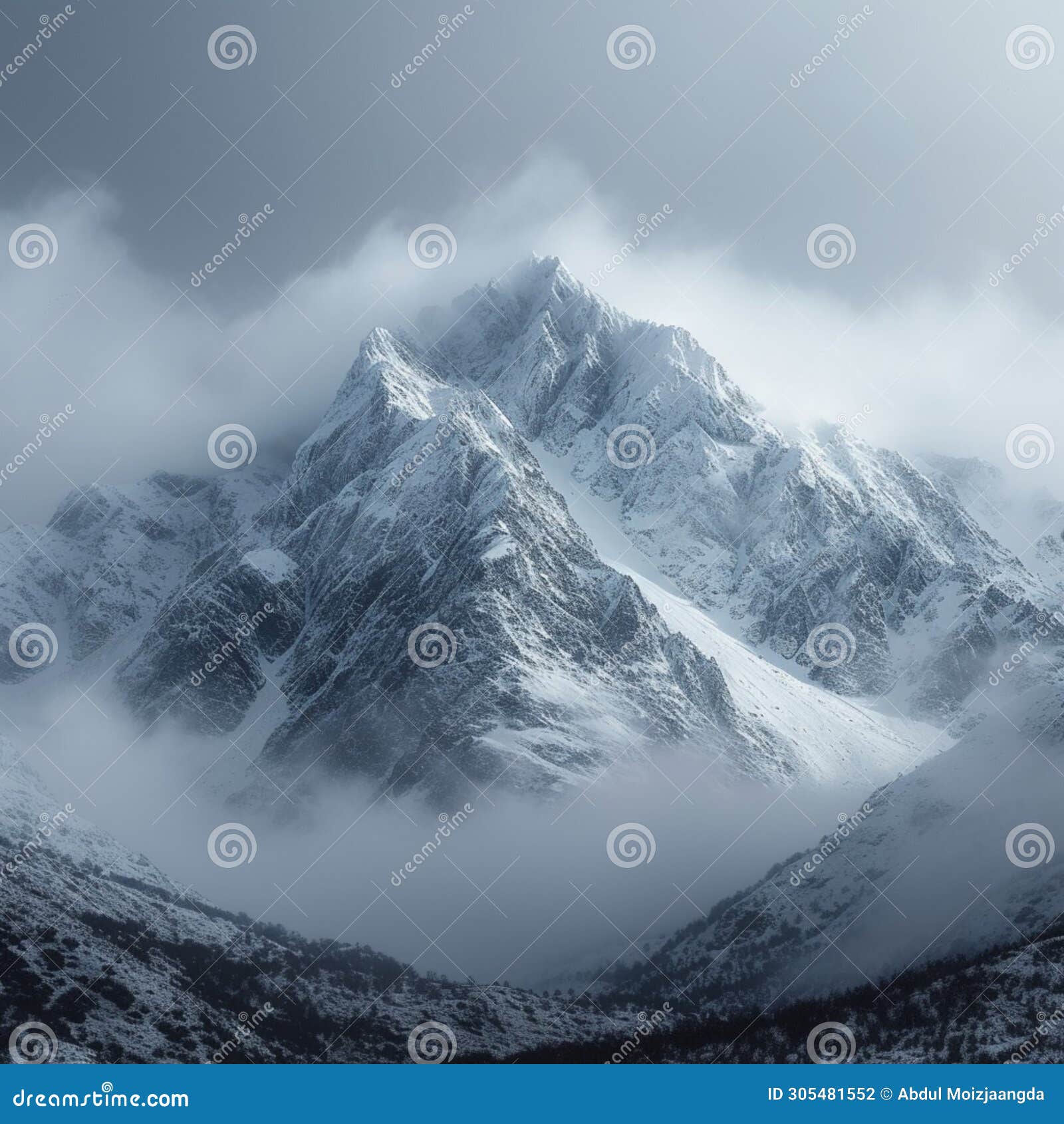 snow cloaked mountain stands tall beneath a moody, overcast sky