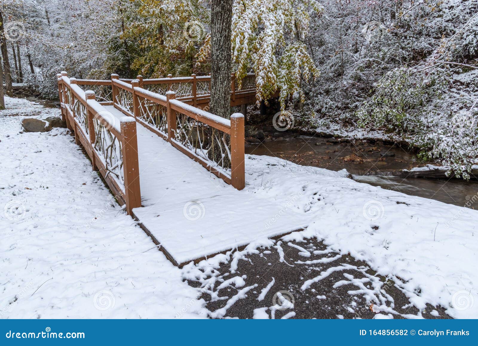 Snow Covered Bridge Stock Photo Image Of Bridge Foliage 164856582