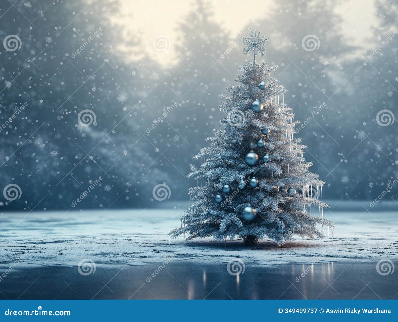 a snow-covered christmas tree standing in the middle of a winter wonderland