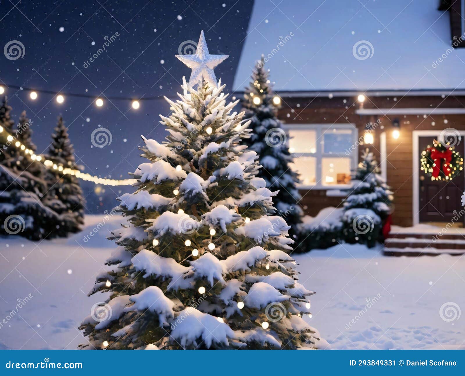 SnowCovered Christmas Tree with Twinkling Lights. Generative AI Stock