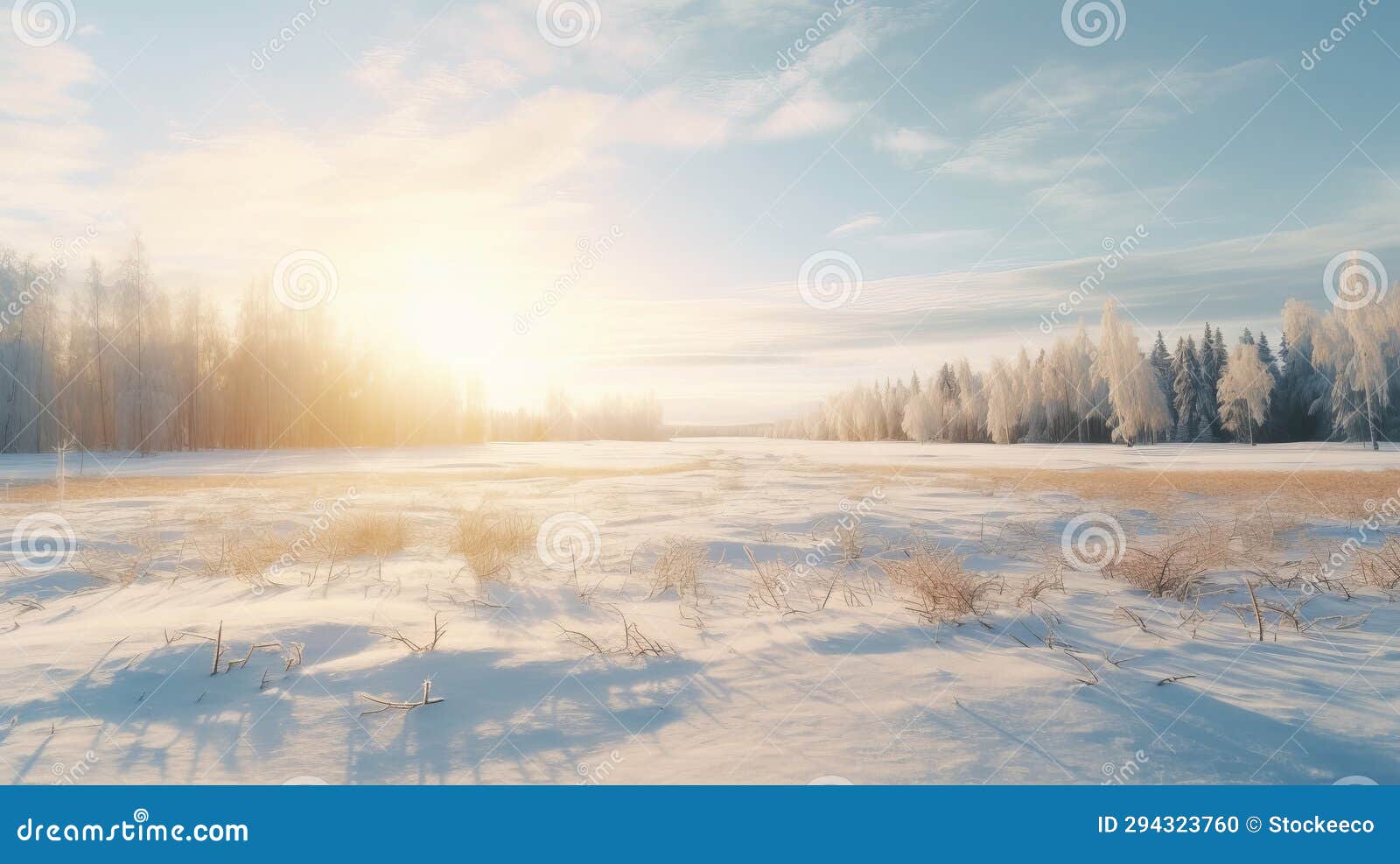 dreamy winter sun over rural finnish landscape