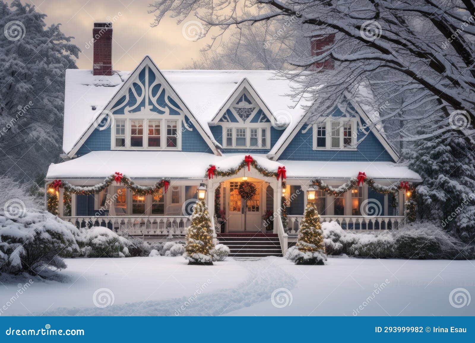 snow-covered house decorated with festive decor and garlands for christmas