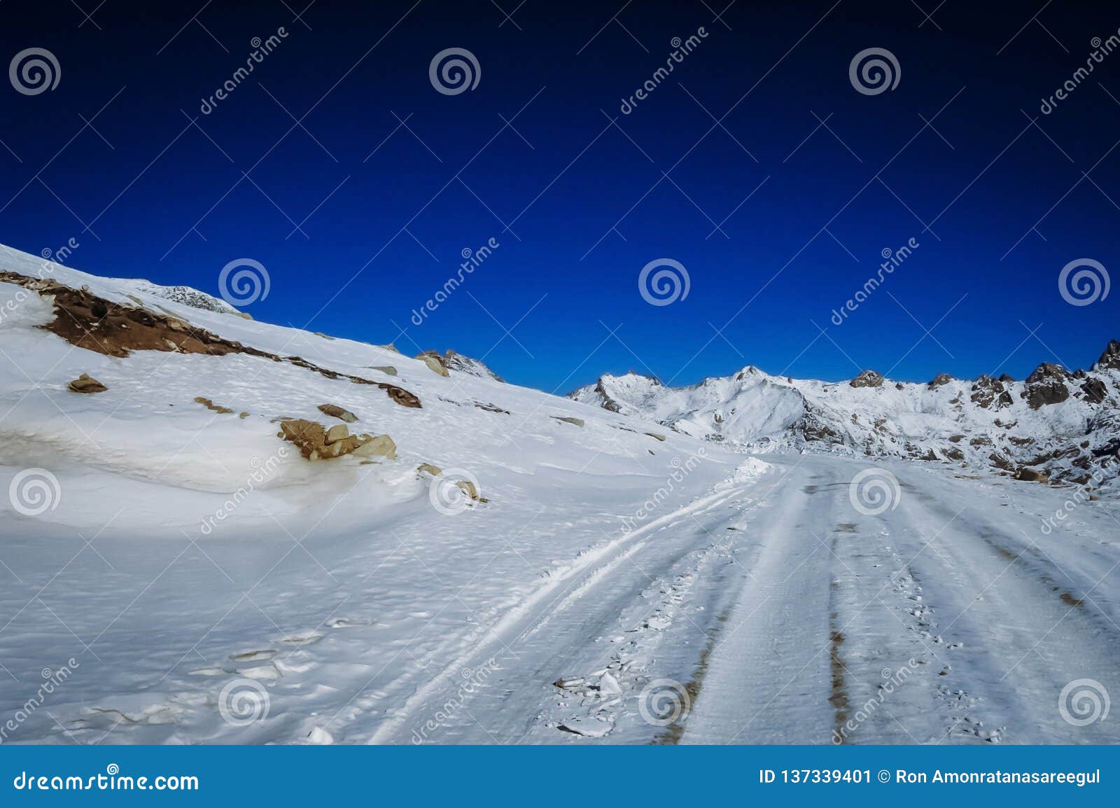 Snow Covered Mountain Road on Winter Day, Stock Image - Image of color ...