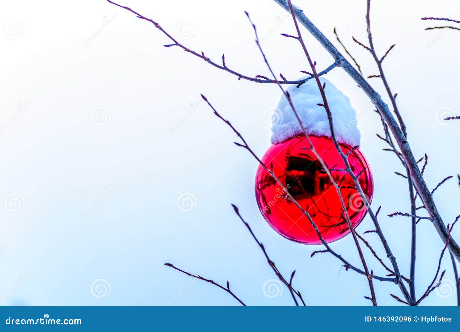 Snow Covered Red Christmas Decoration Hanging On Tree ...