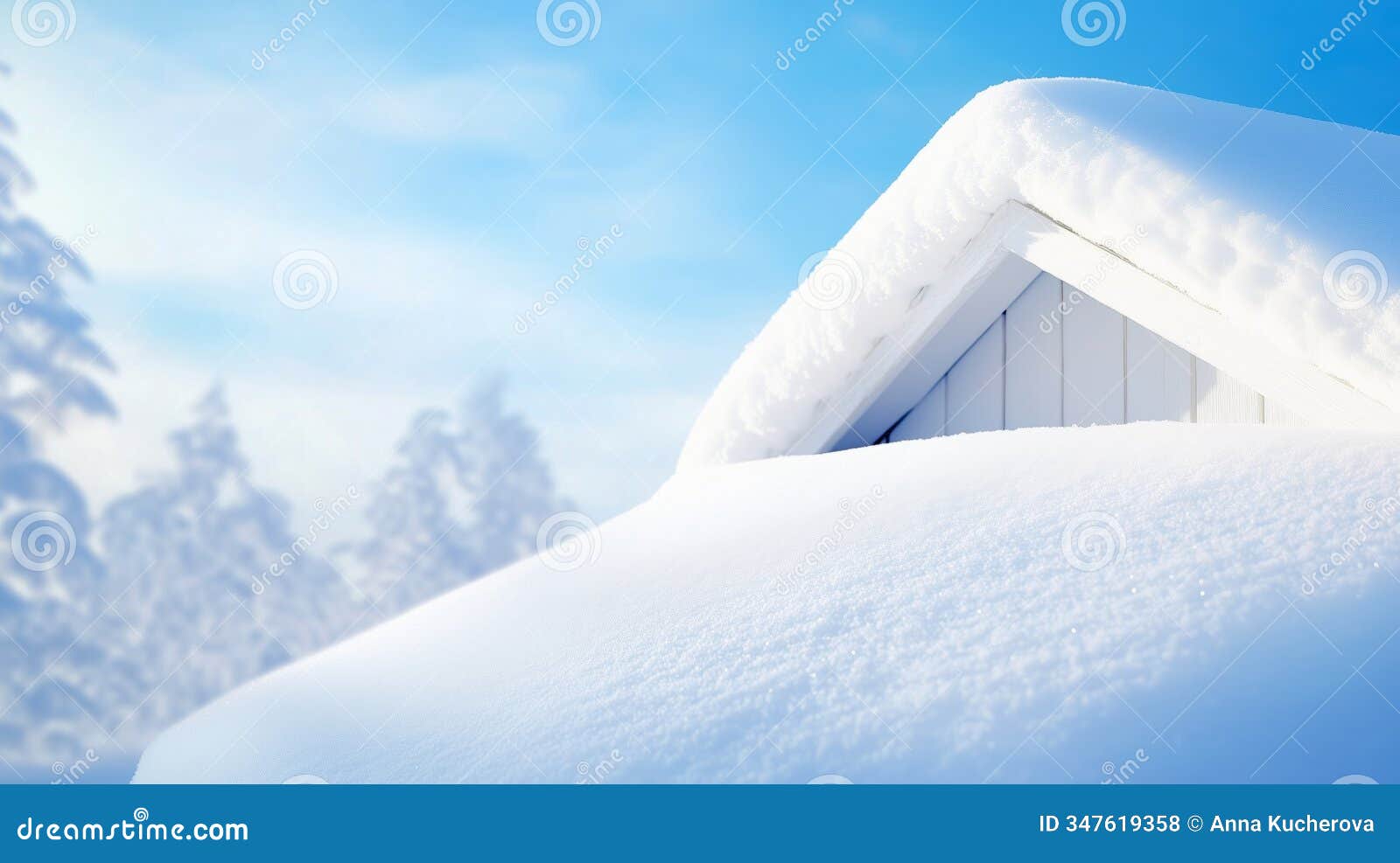 snow-covered roof against a clear winter sky