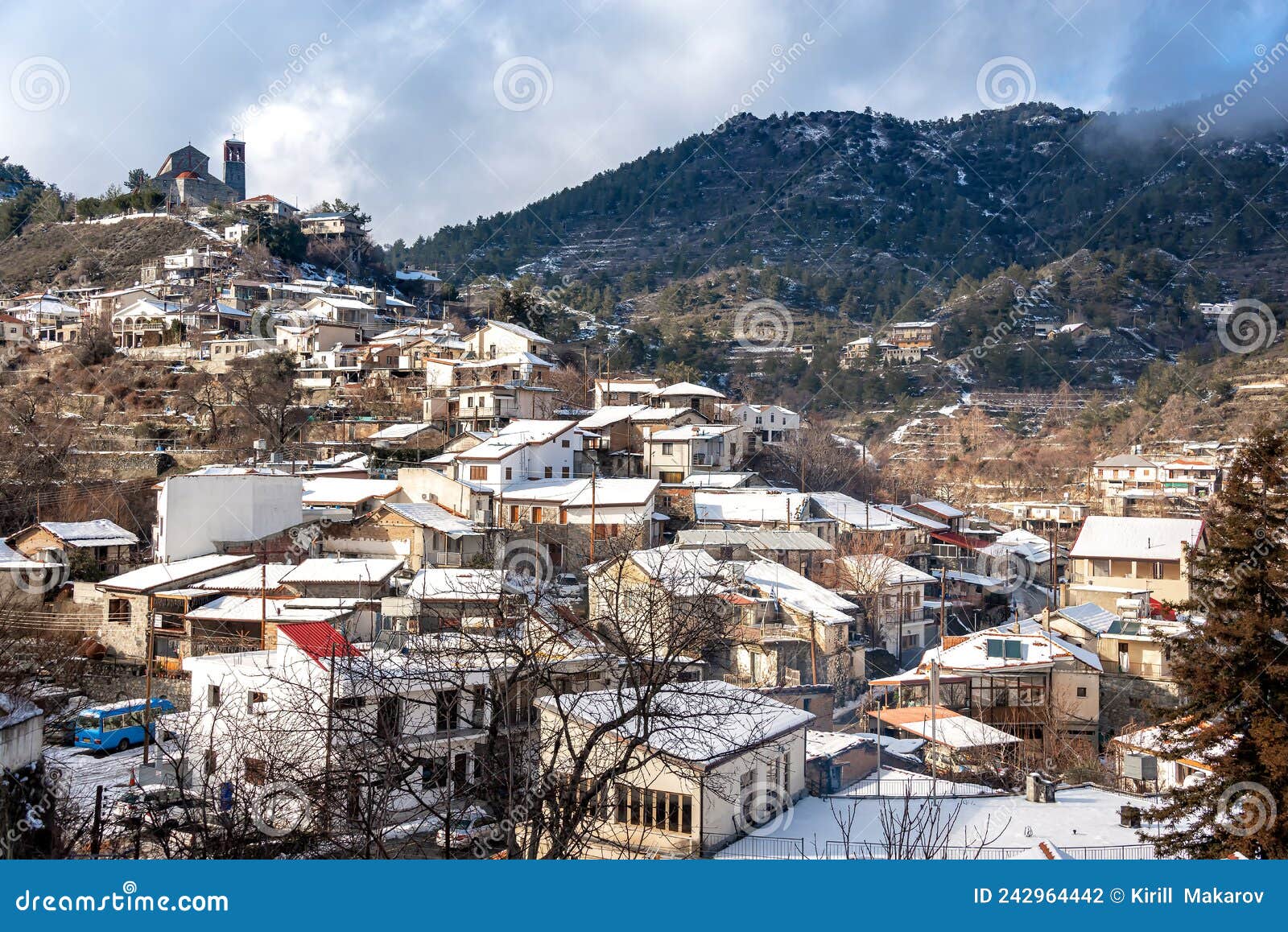 Snow Covered Village of Kyperounda. Limassol District, Cyprus Stock