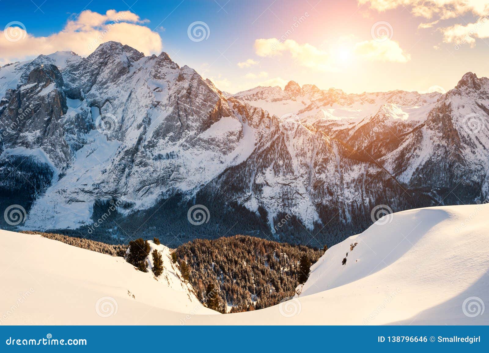 Snow Covered Winter Dolomite Alps At Sunset Italy Stock Photo Image
