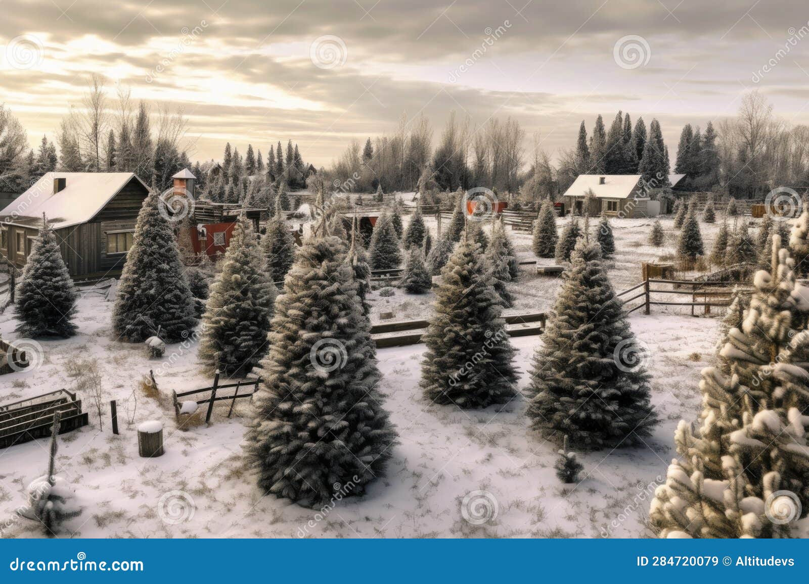 Snowdusted Christmas Tree Farm with Various Tree Sizes Stock