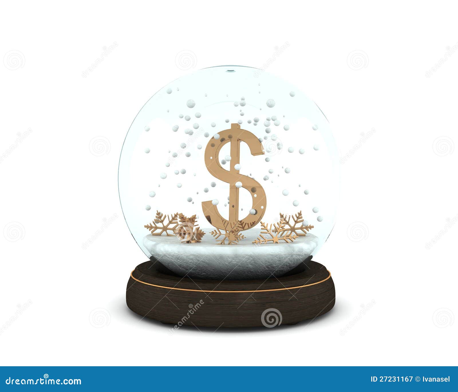 Snow Globe with Golden Dollar and Snowflakes Stock Illustration