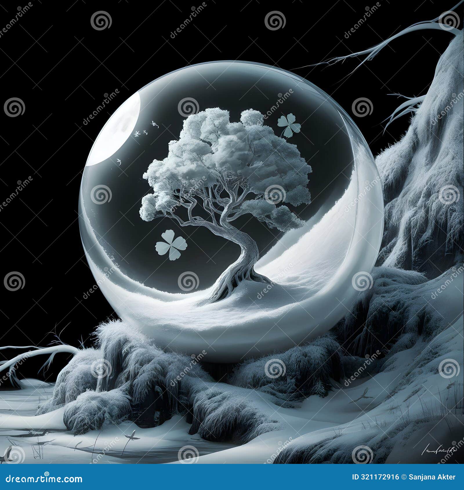 a snow globe with a tree inside of it, surrealistic digital artwork
