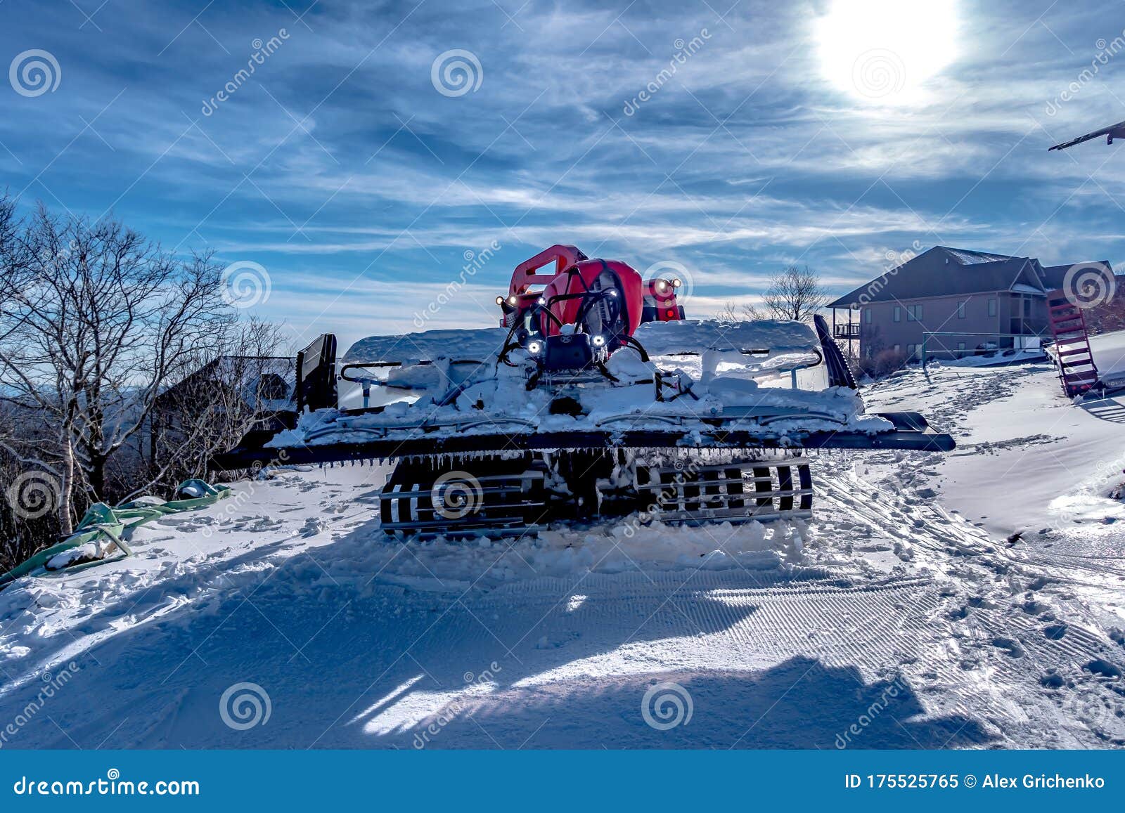 Snow Grooming Machine Parked on Top of Ski Mountain Stock Image Image