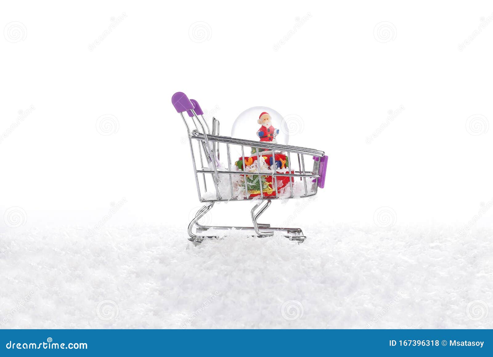 snow on iÃÂ§inde christmas water globe with santa claus shopping cart, on white background.