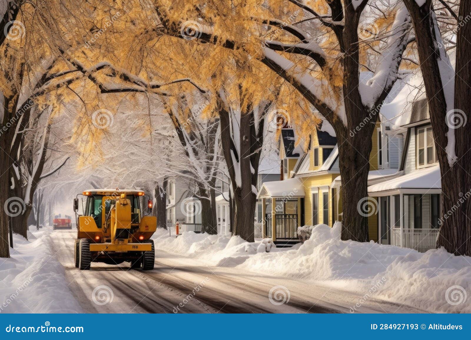 Snow Plow Clearing a Snowy Street Lined with Trees Stock Image Image