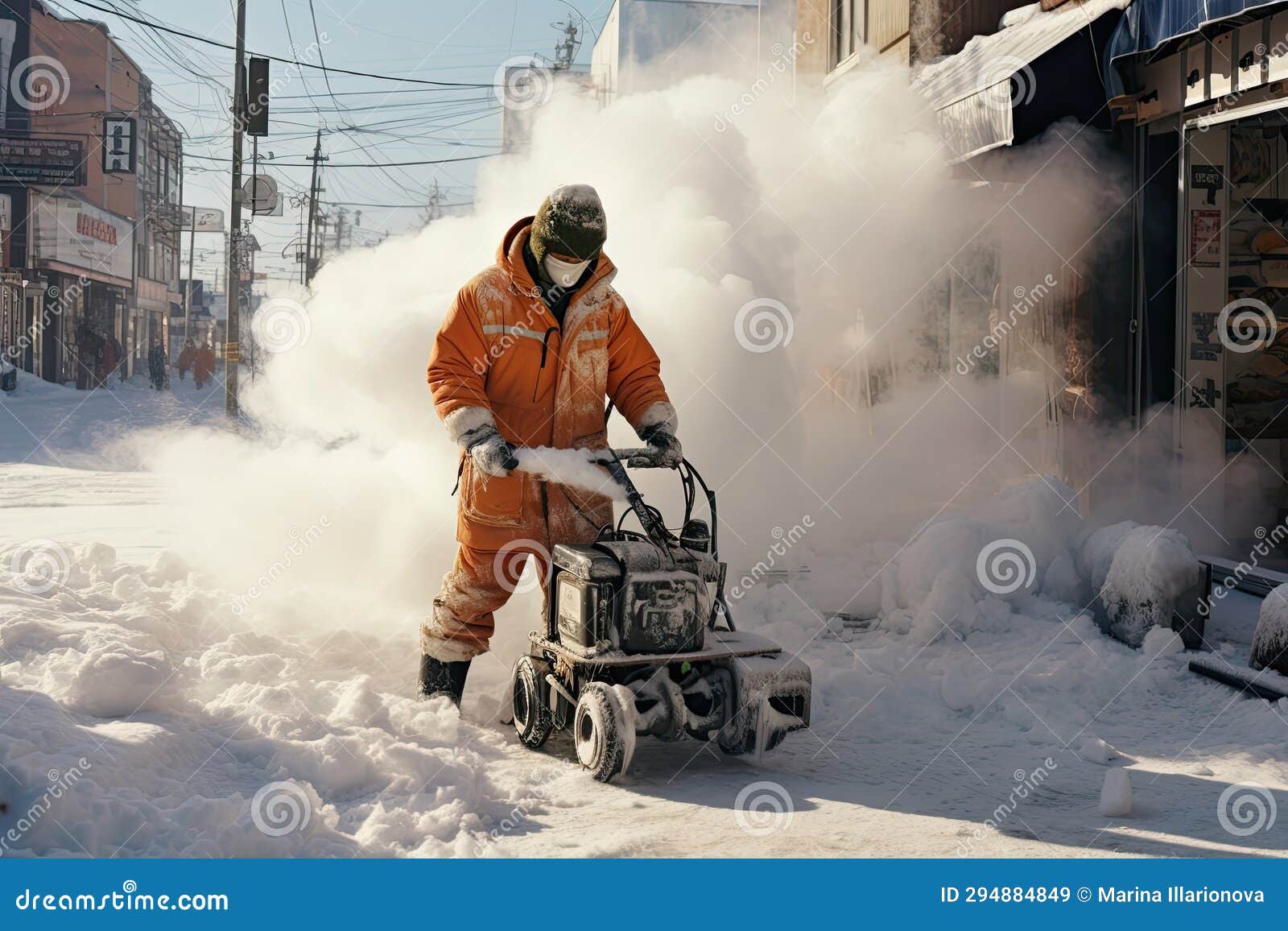 Snow Removal by City Services, Worker with Snowblower. Generative AI