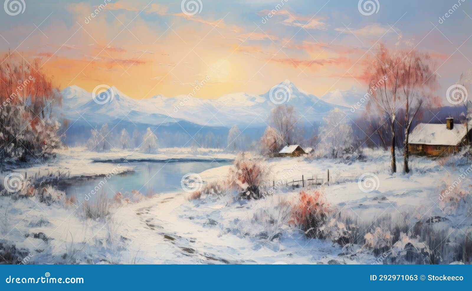 Winter Landscape Oil Painting: Serene Rural Scenes with Snow Covered  Mountains Stock Illustration - Illustration of rural, warm: 292971063