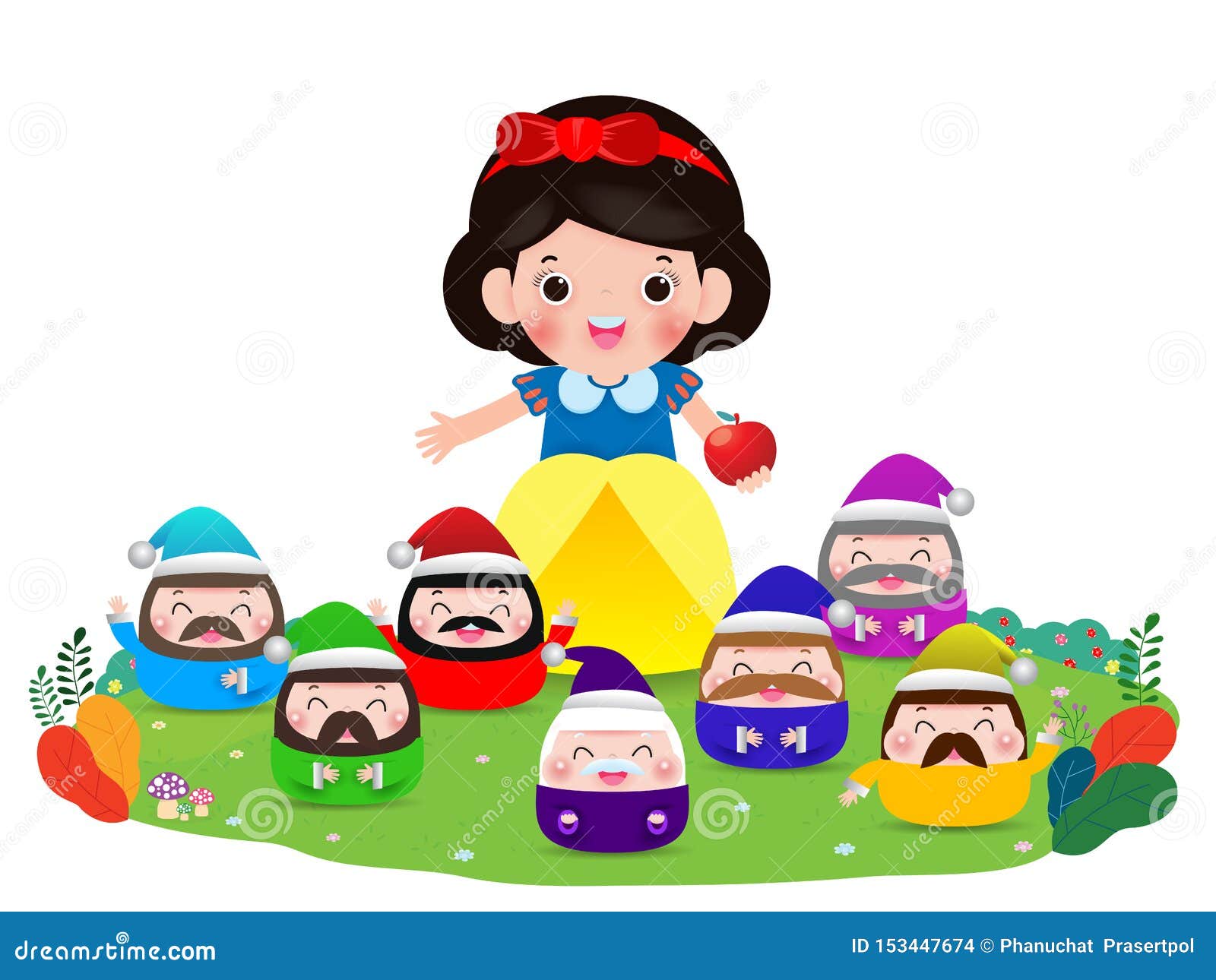 snow white and the seven dwarfs, snow white  on white background, princess and dwarfs and witch,  