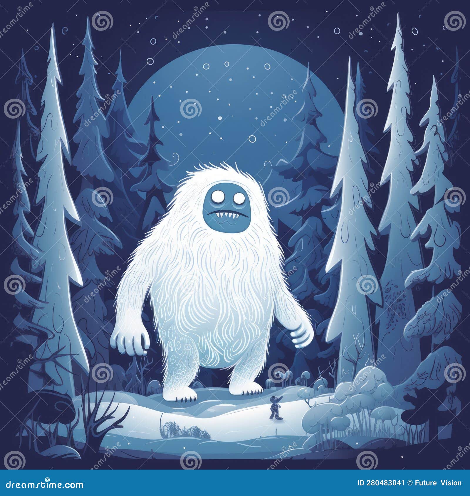 Snow Yeti, Full Moon and Trees Covered in Snow, Created Using ...