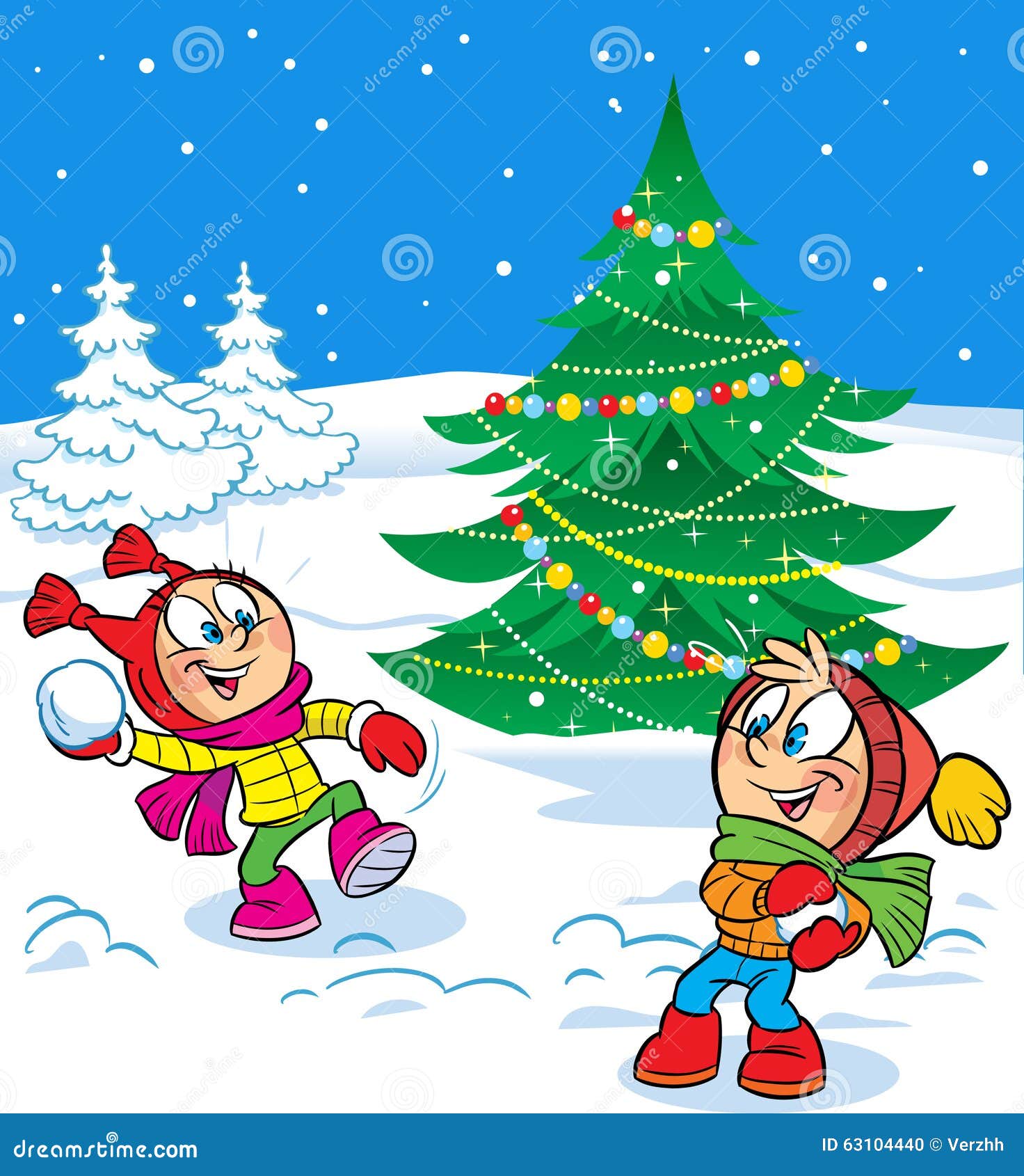the illustration shows a fun game kids throwing snowballs on a background of the christmas tree vector illustration done in cartoon style - Christmas Shows For Kids the illustration shows a fun game kids throwing snowballs on a background of the christmas tree vector illustration done in cartoon style - Christmas Shows For Kids