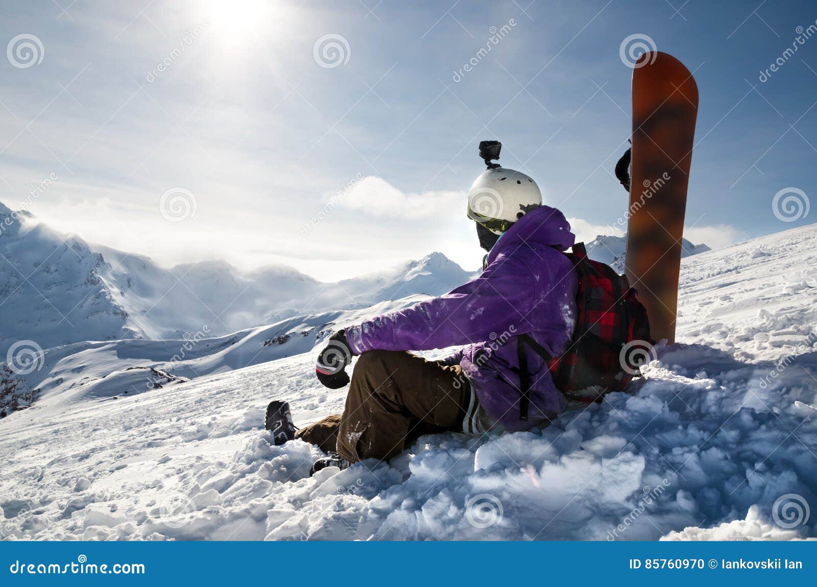 Snowboarder is Sitting on Mountain Slopes of an Extinct Volcano Elbrus ...