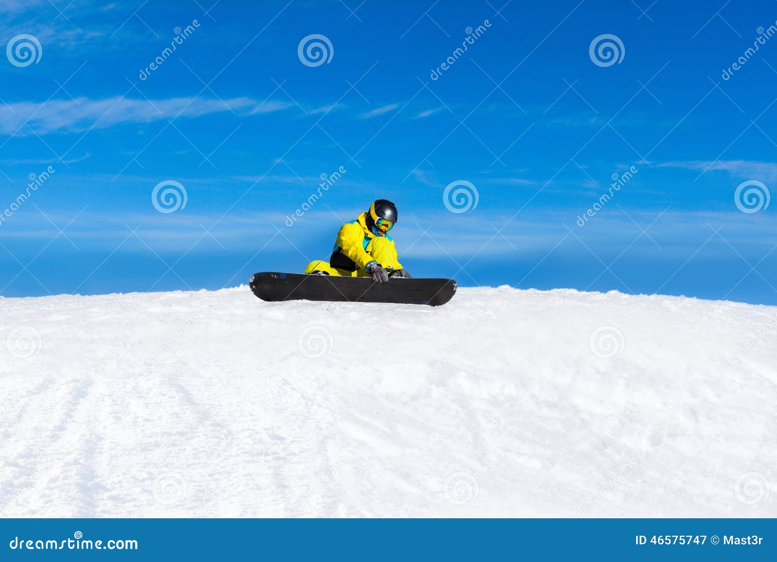 Snowboarder Sitting on Snow Mountain Slope Stock Image Image of