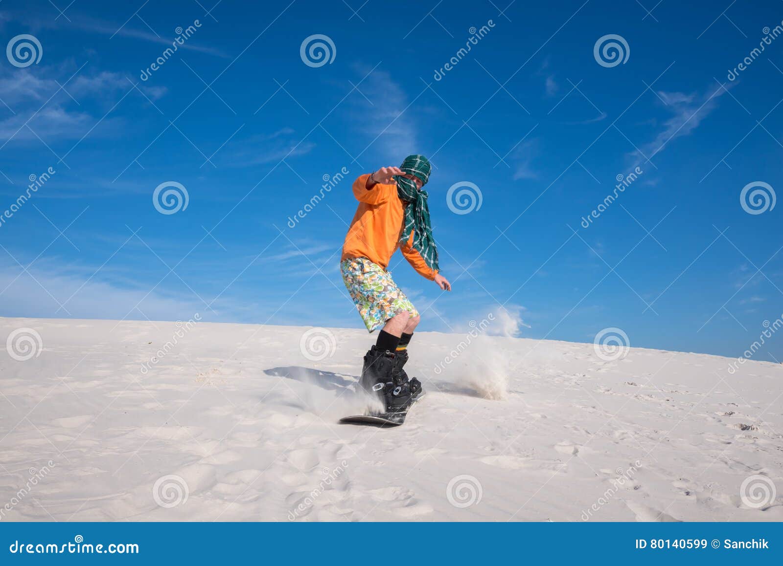 Snowboarder, Wearing a Scarf Riding in Desert. Wide Angle Stock Image ...