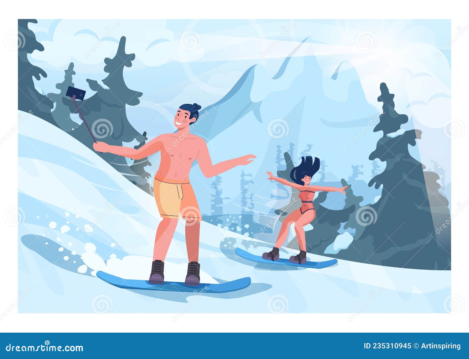 Snowboarders in Swim Suits. Female Character in Bikini and Male ...