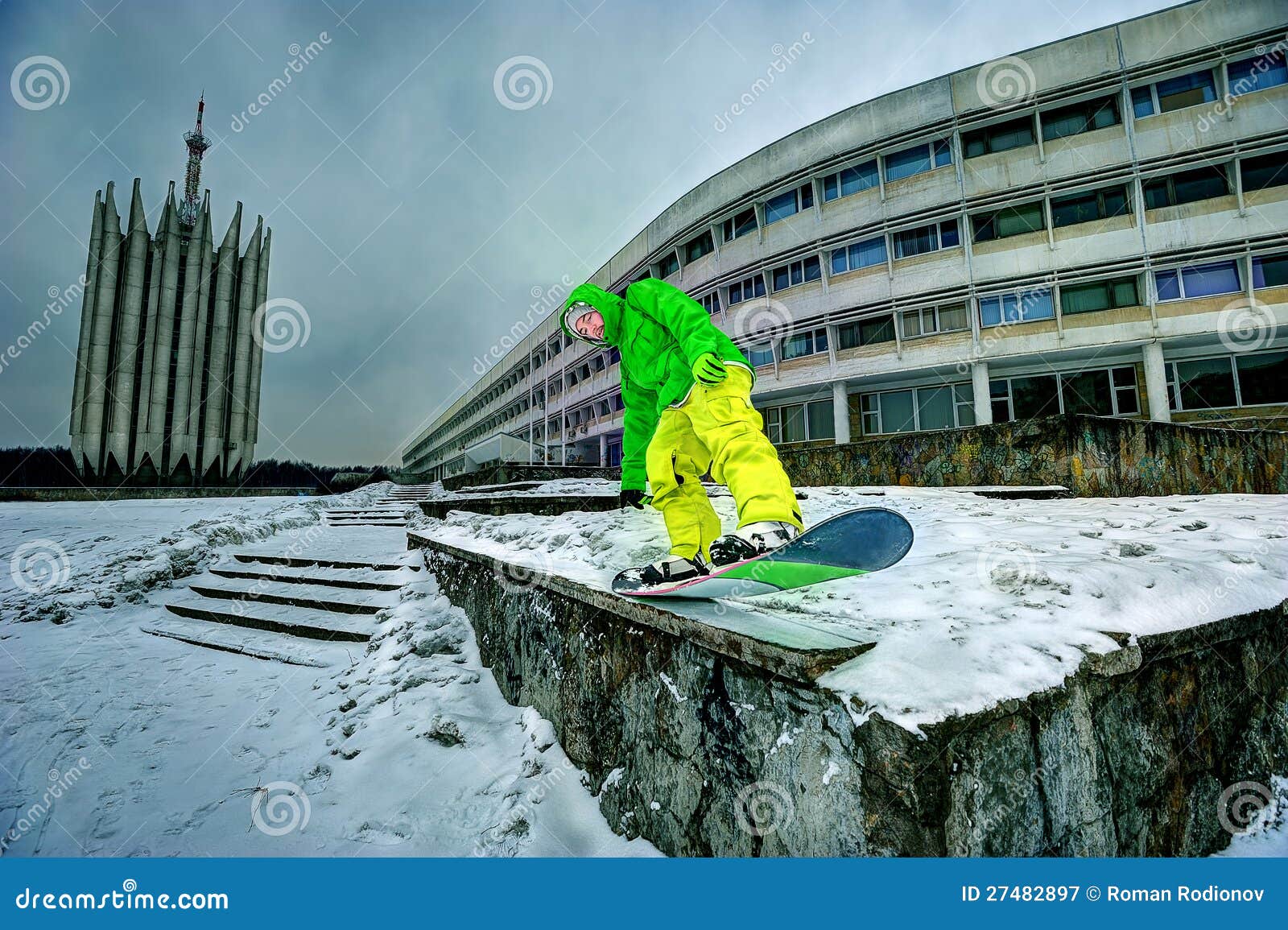 Snowboarding in the city stock image. Image of adult 27482897
