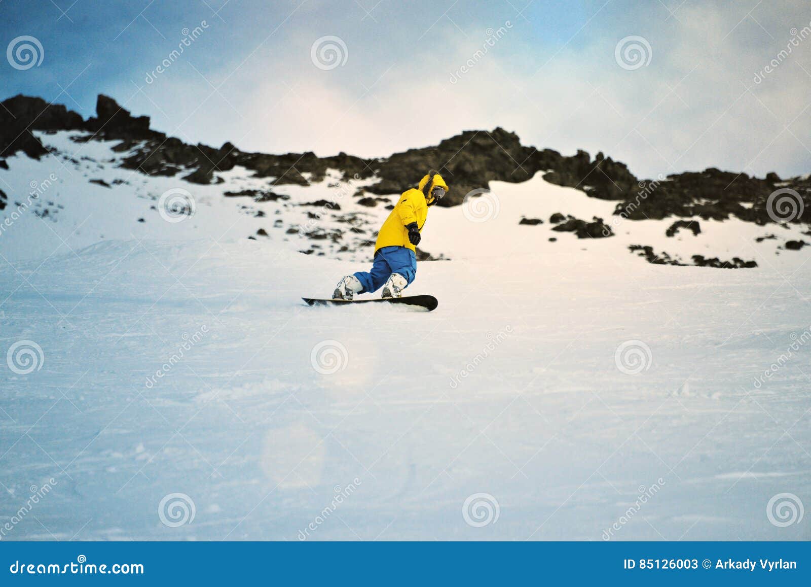 Snowboarding at Sunset in Mountains Stock Image - Image of leisure ...