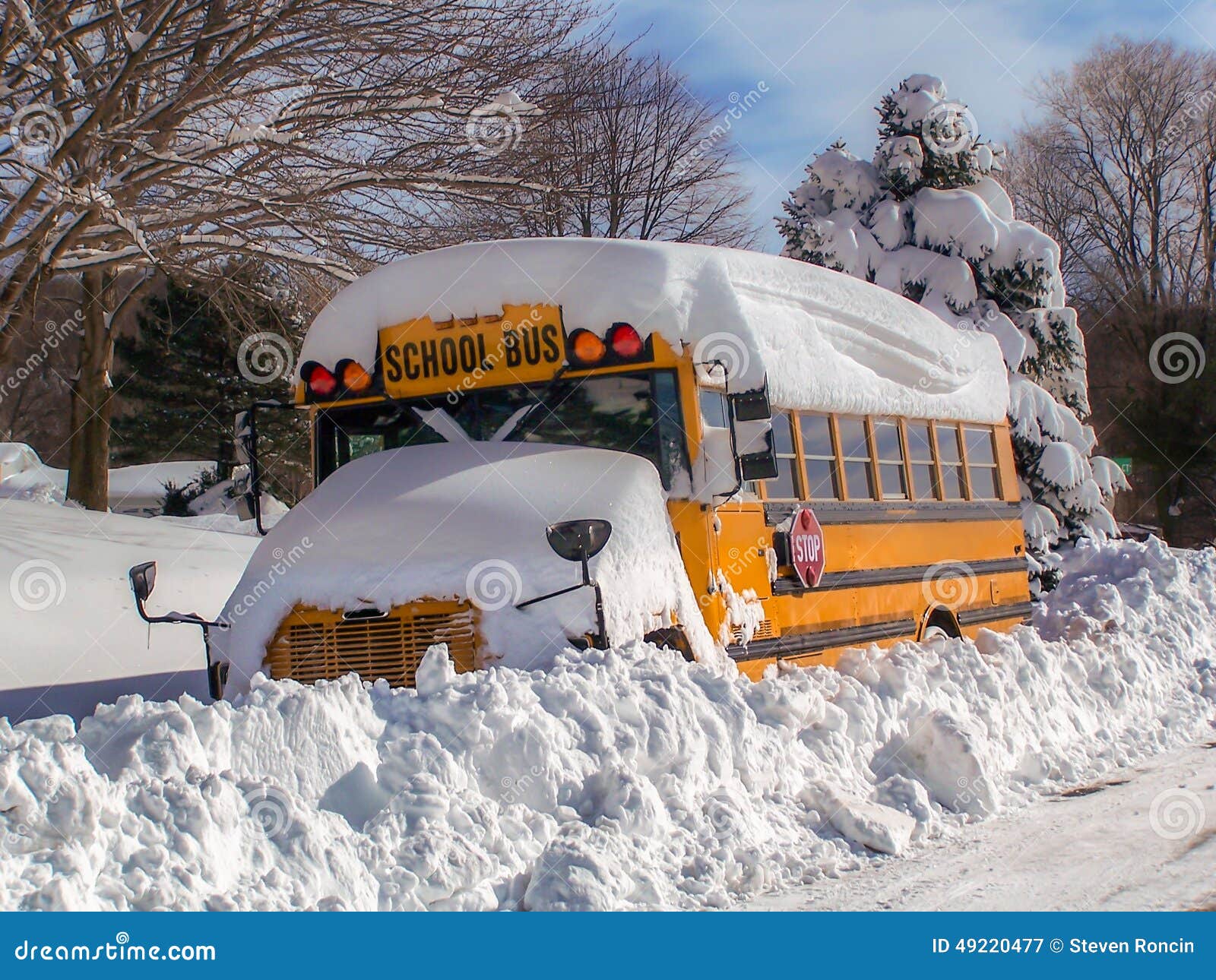 Snowbound autobus szkolny - dzieciaków Inny Śnieżny dzień zachwyt!. Śnieg zakrywał autobus szkolnego stroną łapać w pułapkę zaoranym śniegiem sąsiedztwo ulica droga