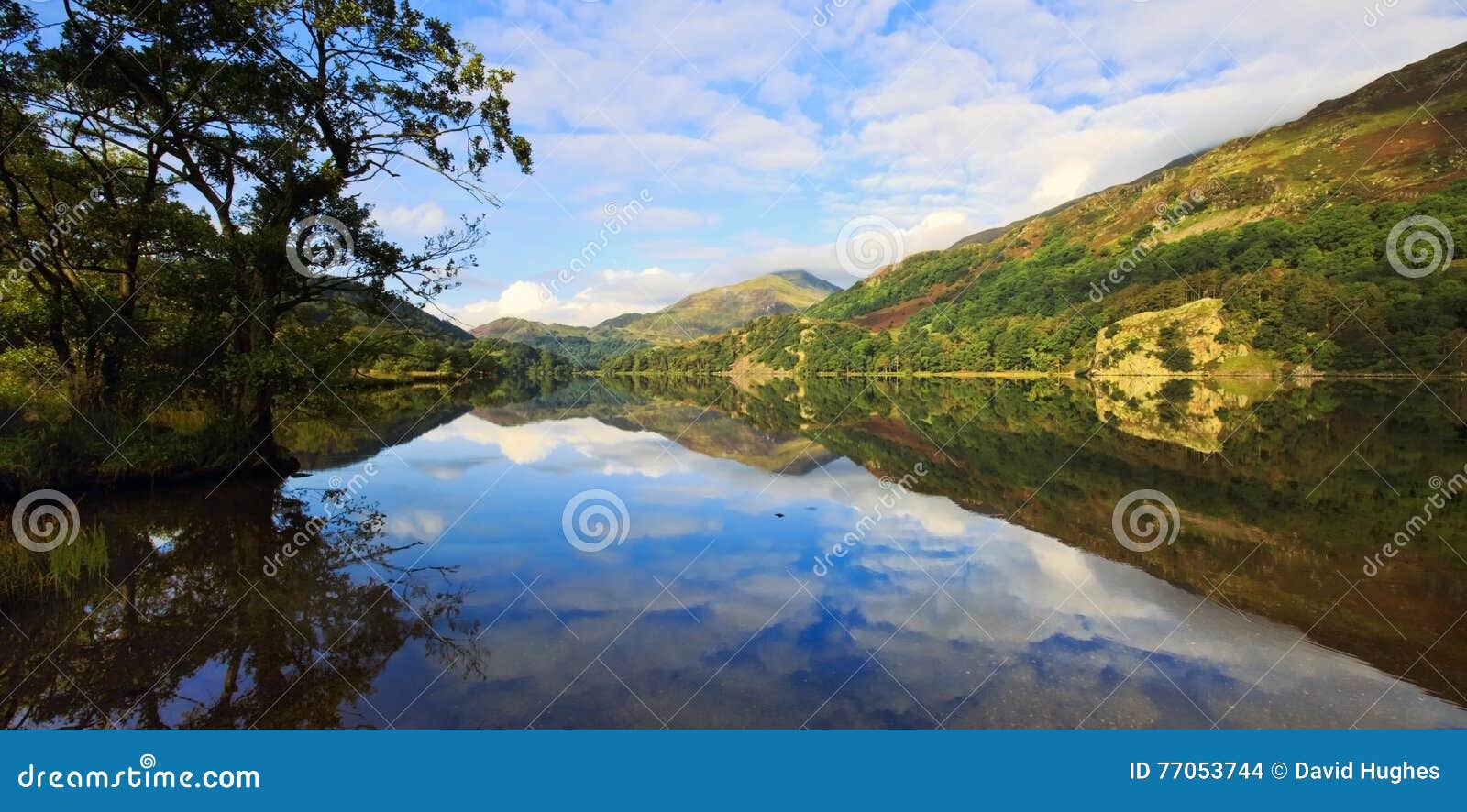 Snowdonian Mountains and Cloudy Blue Skies Reflected in Peaceful Llyn ...