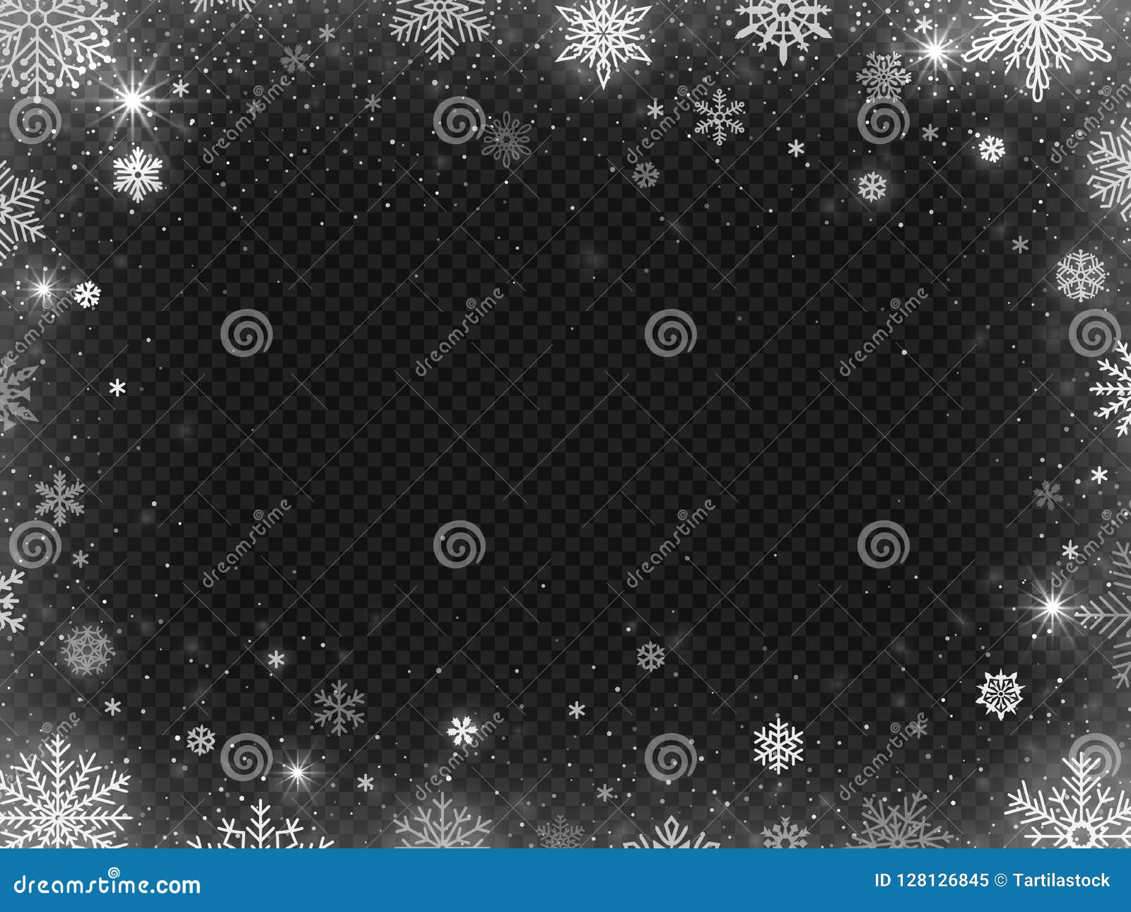snowed border frame. christmas holiday snow, clear frost blizzard snowflakes and silver snowflake  