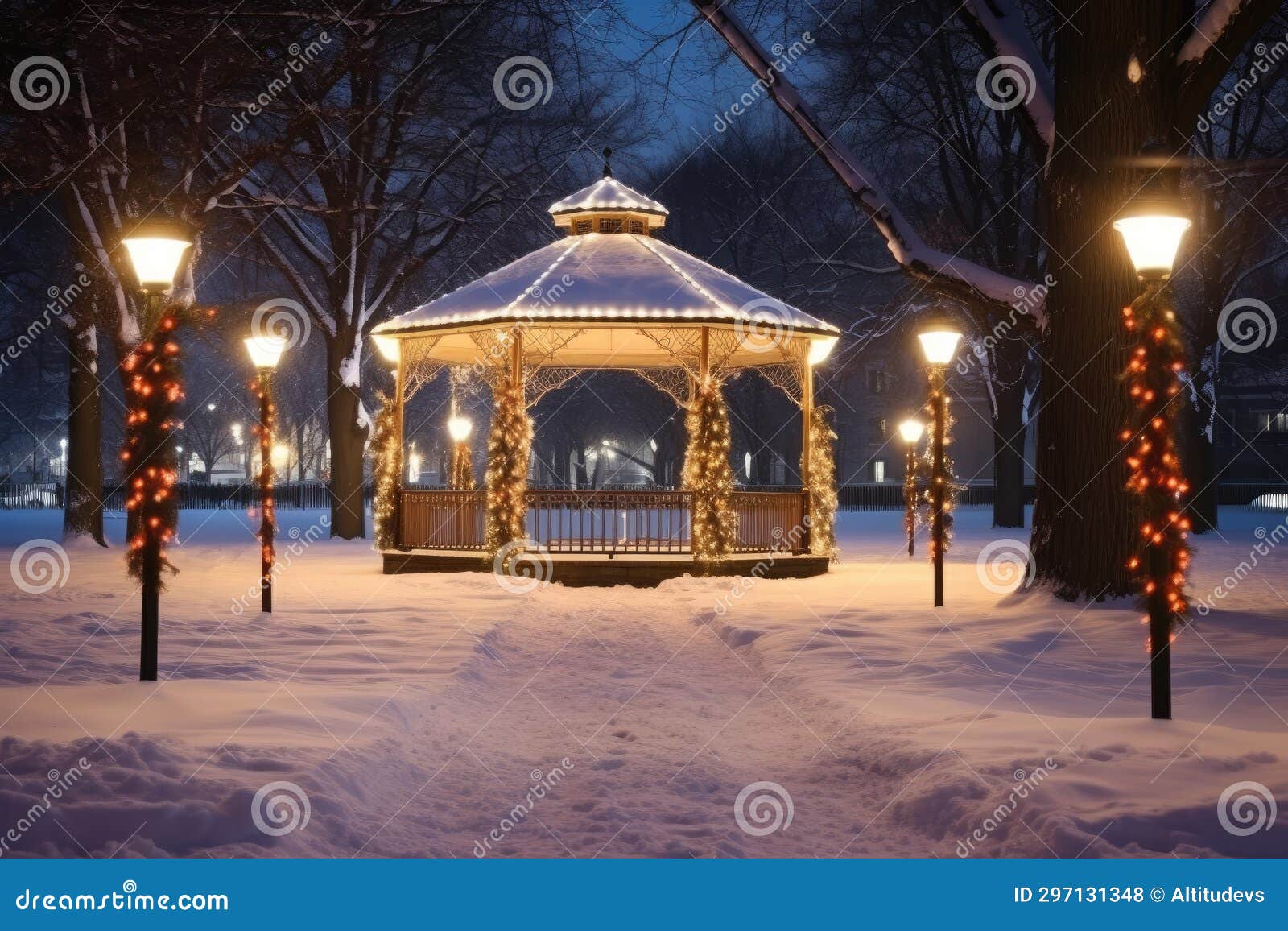 Snowed in Gazebo with Fairy Lights Stock Photo Image of generated