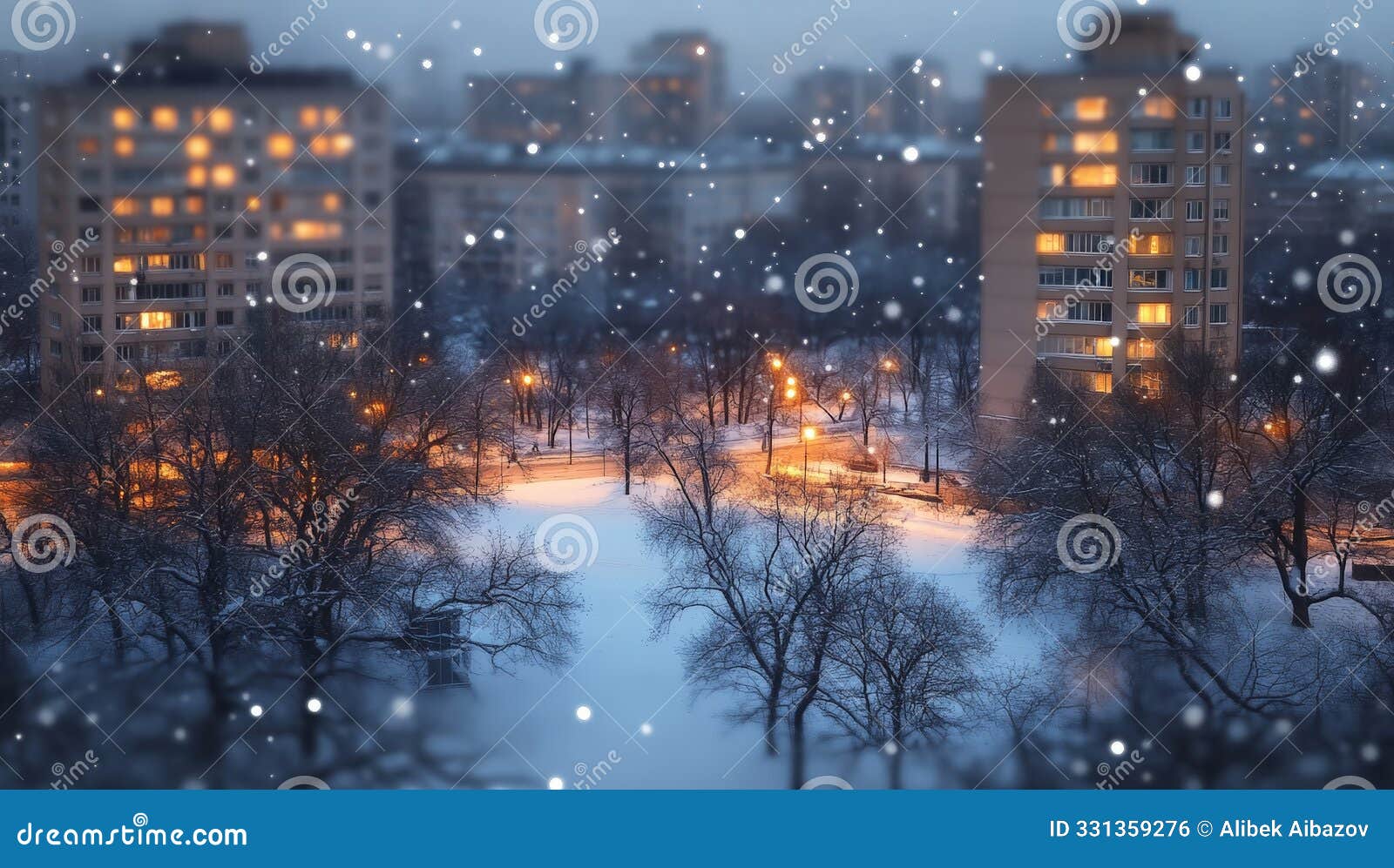 snowfall in the city at dusk with lit windows and streetlights creating a warm ambiance