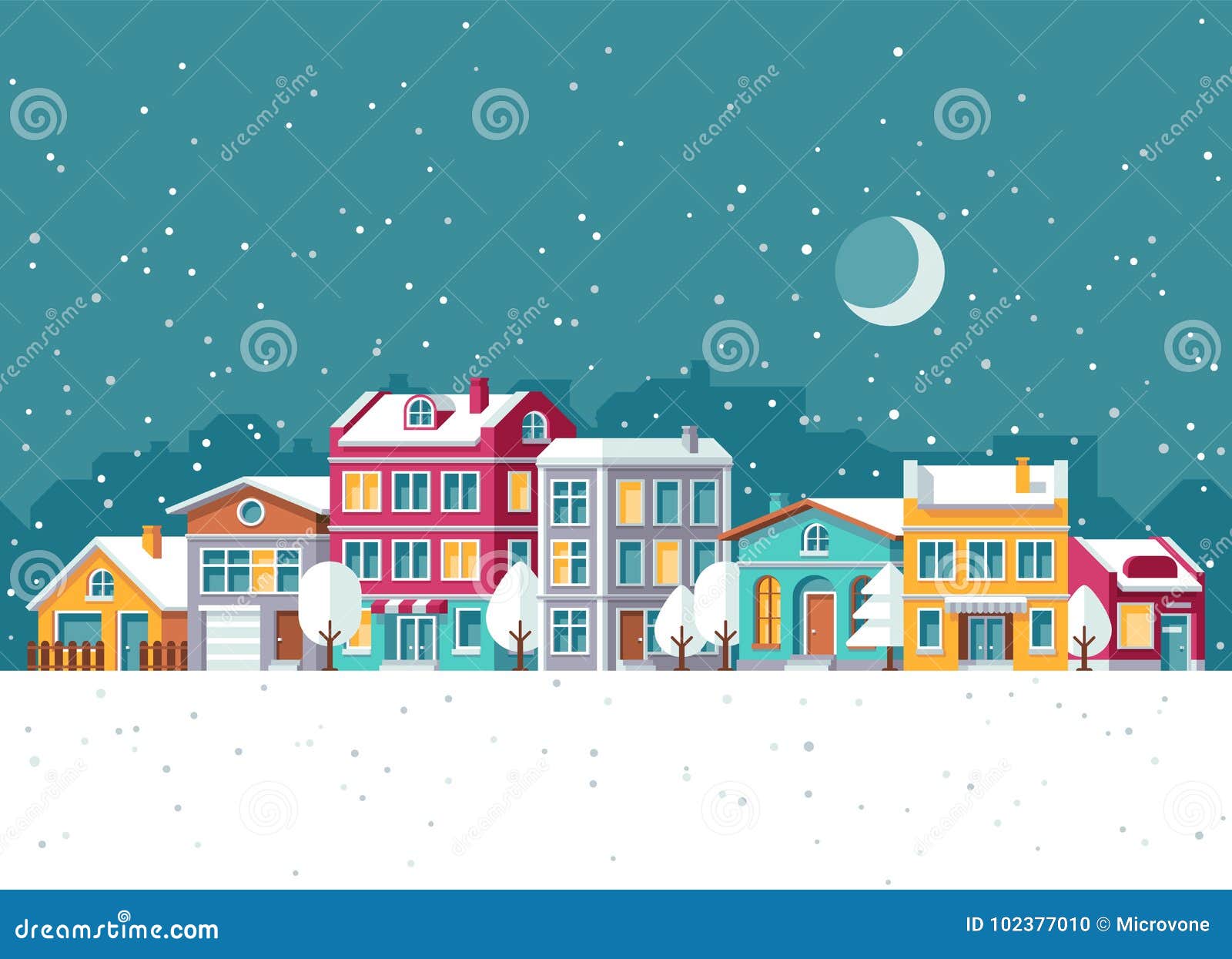snowfall in winter town with small houses cartoon  . christmas holidays concept