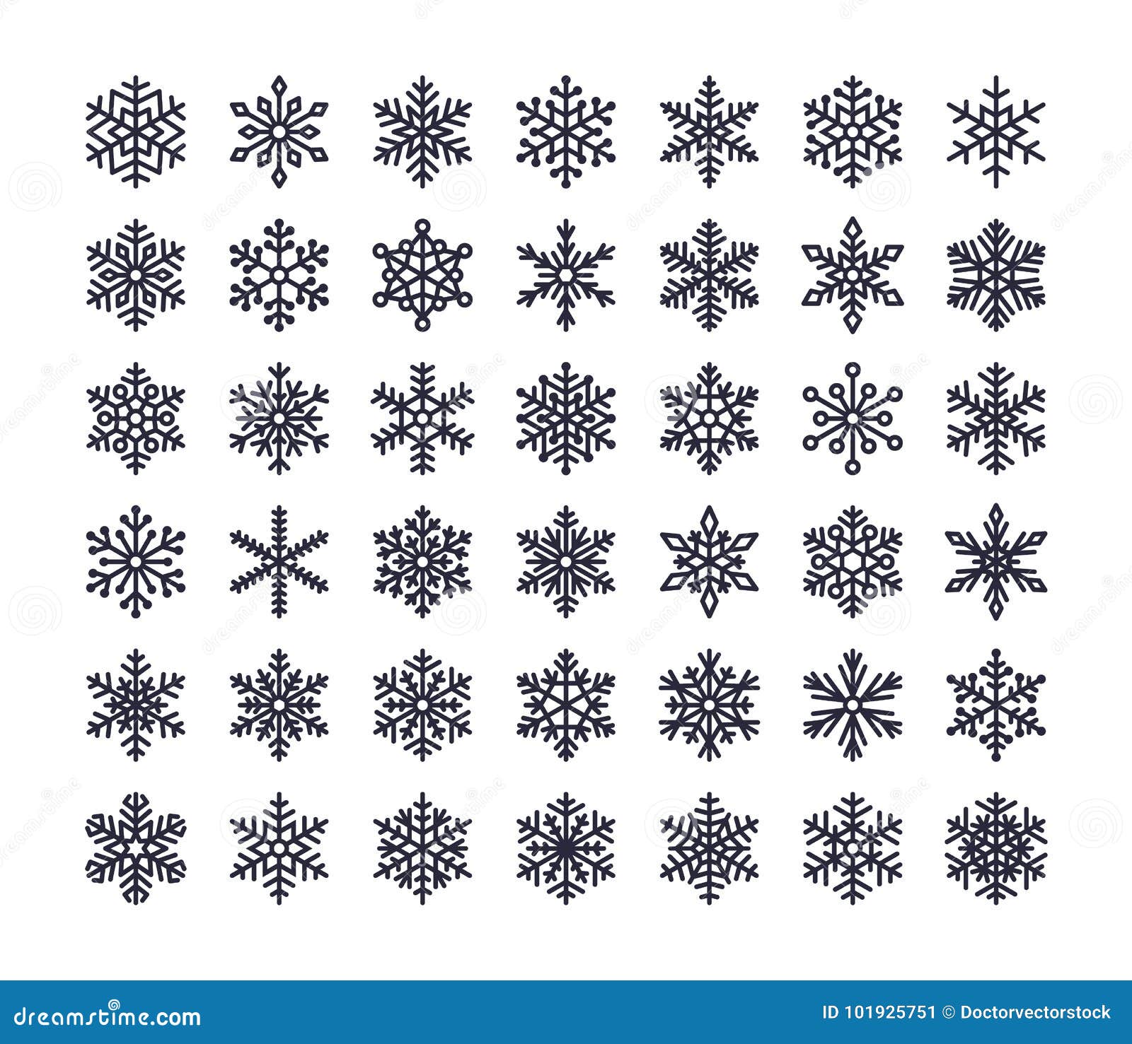 snowflake flat icons set. collection of cute geometric snowflakes, stylized snowfall.   for christmas or