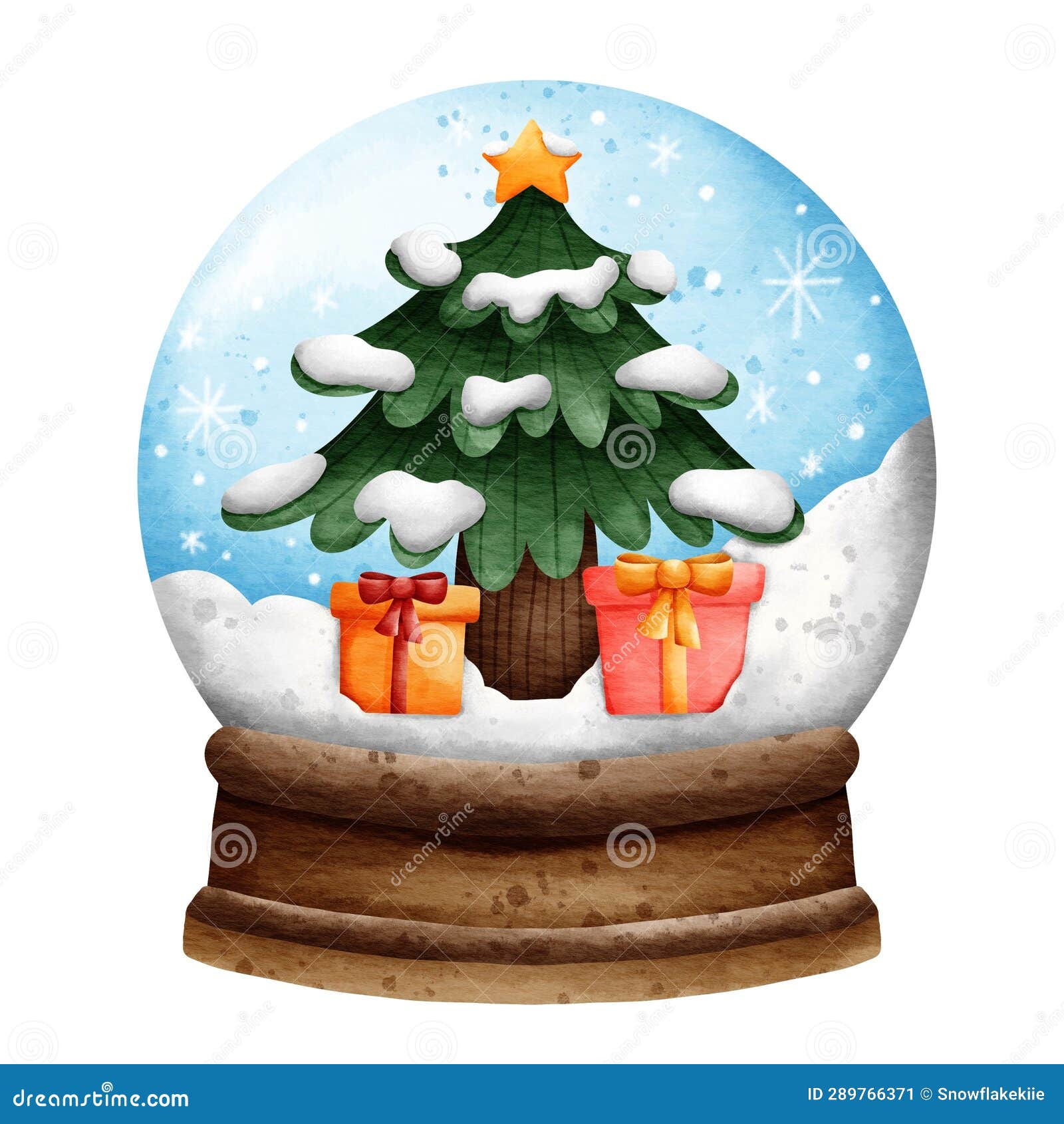 Cute Winter Christmas Tree and Gift Snow Globe in Watercolor Style and